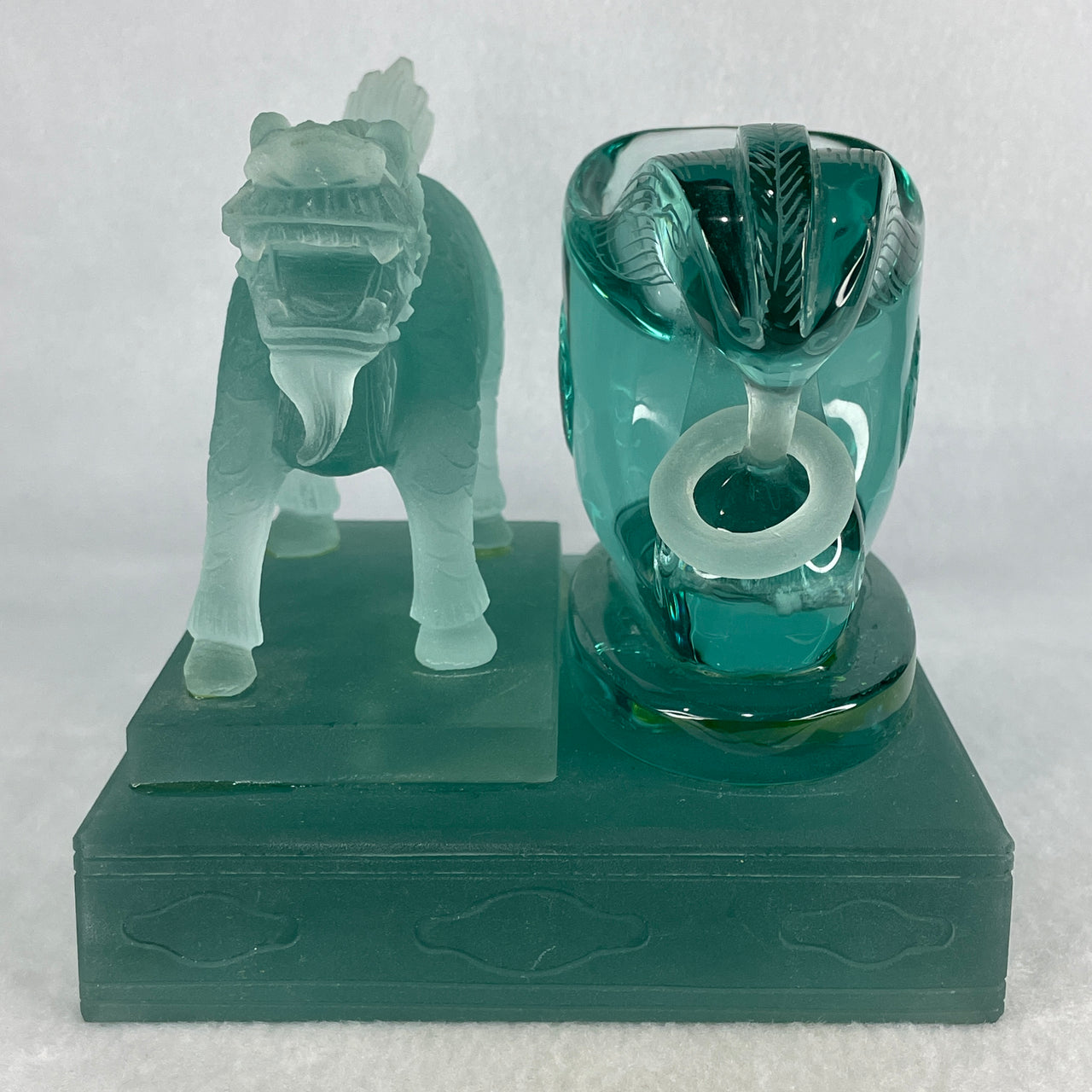 Blueish Green Liuli Glass Phoenix Qili Cup - 127x128x130mm - 2,362.5g Ancient Style Chinese Wine Vessel - Heavyweight Translucent Mythical Sculpture