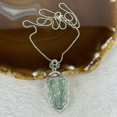 Type A ICY Blueish Green Jadeite Leaf with Crystals in Sliver Necklace 5.54g 27.7 by 15.8 by 2.2mm