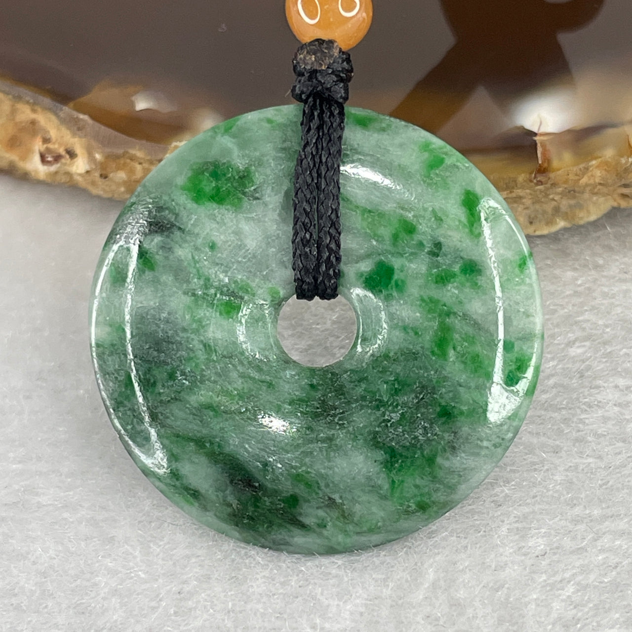 Natural Green Type A Piao Hua Jadeite Necklace – 28mm Ping An Kou Donut – Emerald & Dark Green Floating Flowers 7.45g 28.2 by 3.9mm