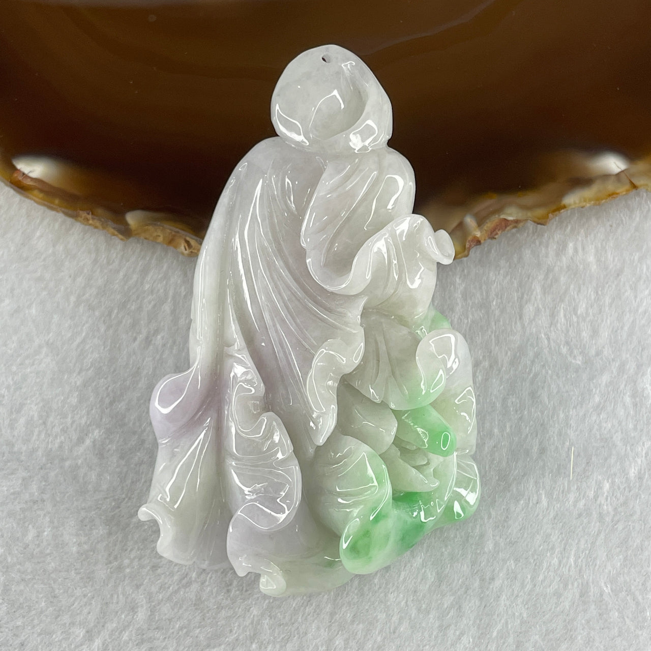 Natural Type A Light Lavender Apple Green Patches Jadeite Cabbage Pendant 89.38g 77.5 by 49.1 by 23.7mm
