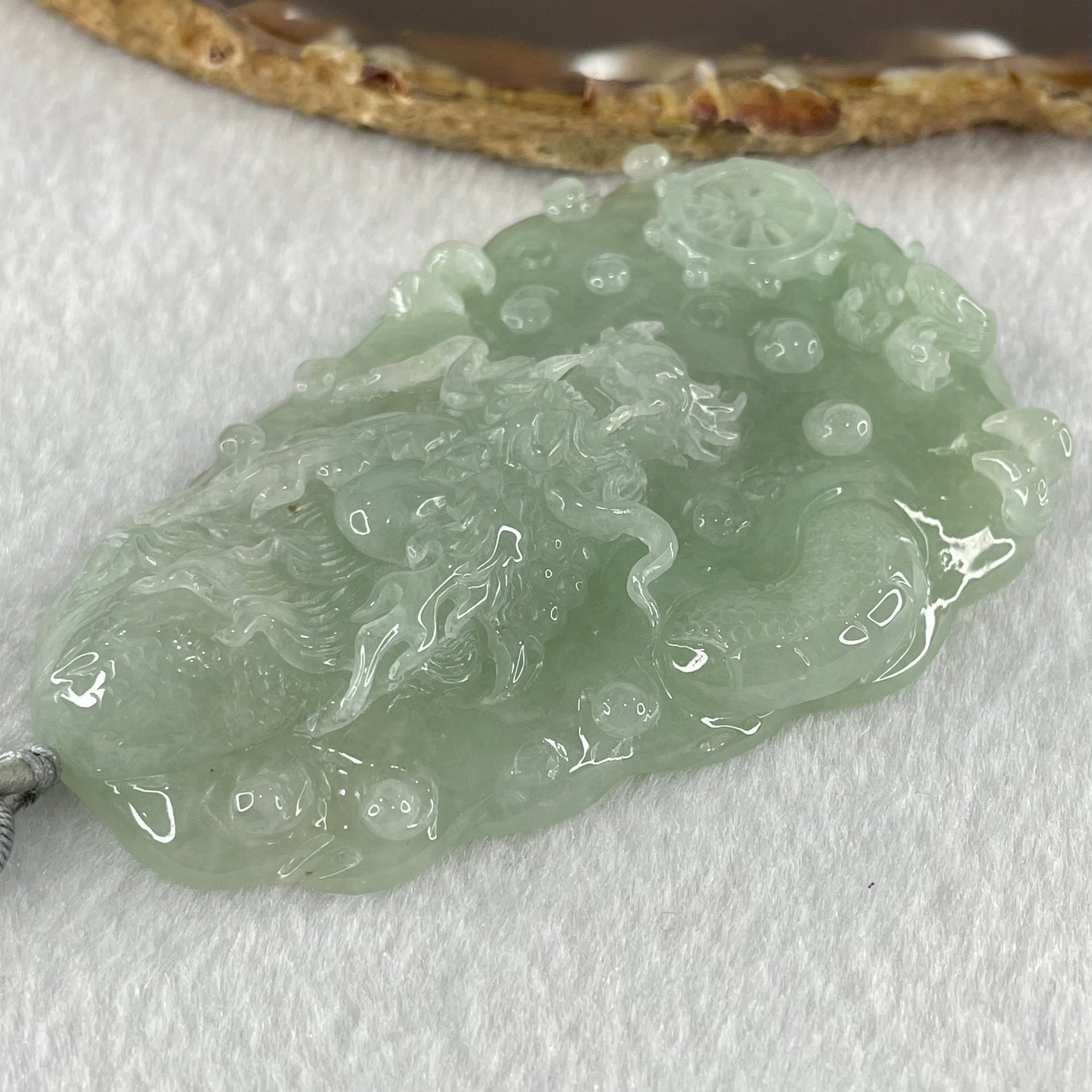 Type A Light Blueish Green (Sky Blue) Jadeite Double Sided Water Dragon Pendant 85.98g 79.4 by 51.9 by 13.7mm - Huangs Jadeite and Jewelry Pte Ltd