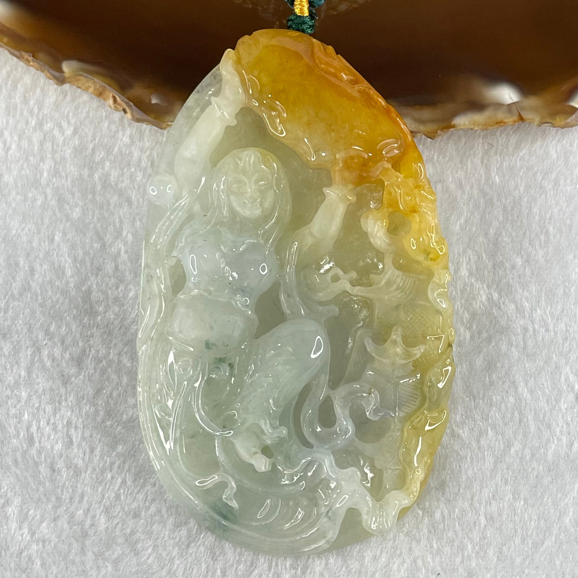 Type A Light Faint and Lavender with Yellow Brownish Red Patches Jadeite Double Sided Chinese Flying Fairy With Dragon and Shan Shui Pendant 100.99g 83.7 by 50.6 by 12.0mm - Huangs Jadeite and Jewelry Pte Ltd