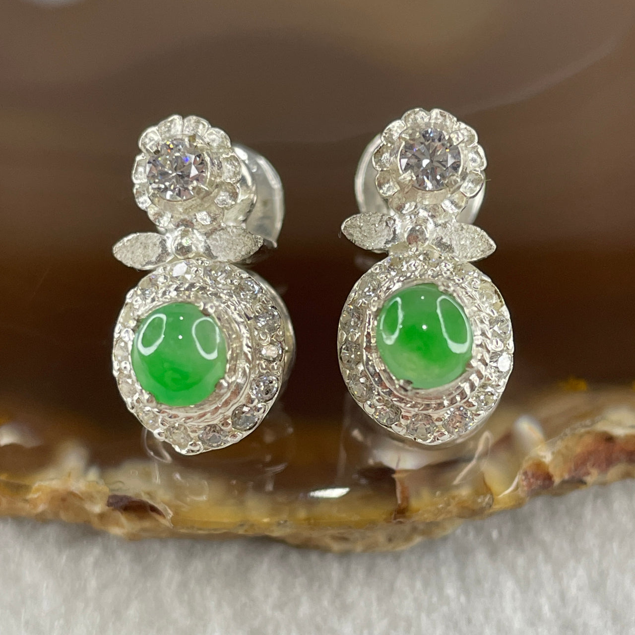 Type A Natural Semi Icy Green Jadeite Cabochon 6.2 by 5.5 by 2.5m Stone for Setting 22.45g (On Silver Earrings Mold) - Huangs Jadeite and Jewelry Pte Ltd