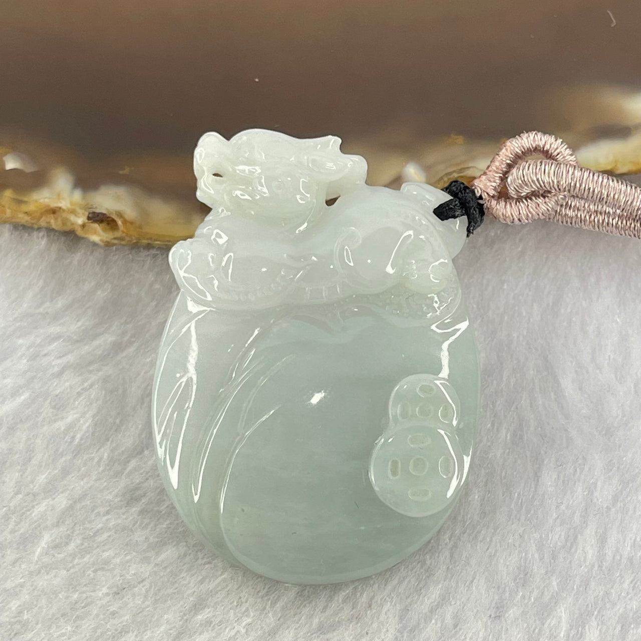 Type A Faint Lavender Green Jadeite Pixiu on Money Bag and Coins Pendent 22.16g 38.1 by 27.4 by 10.3mm - Huangs Jadeite and Jewelry Pte Ltd