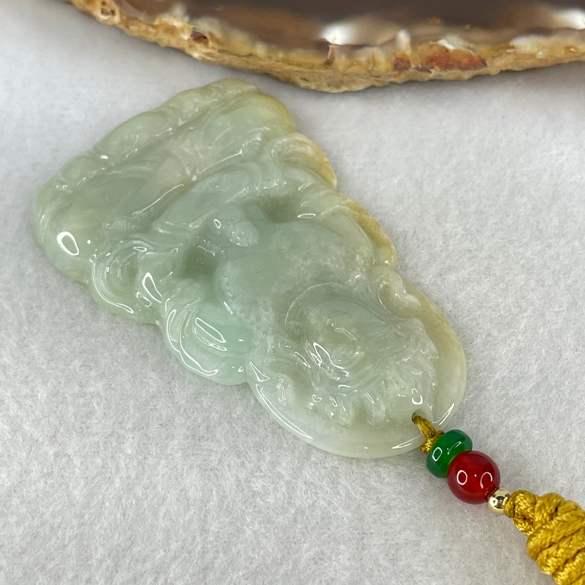Type A Light Blueish Green with Yellow Jadeite Guan Yin Tara Pendant 29.14g 60.1 by 38.8 by 6.5mm - Huangs Jadeite and Jewelry Pte Ltd