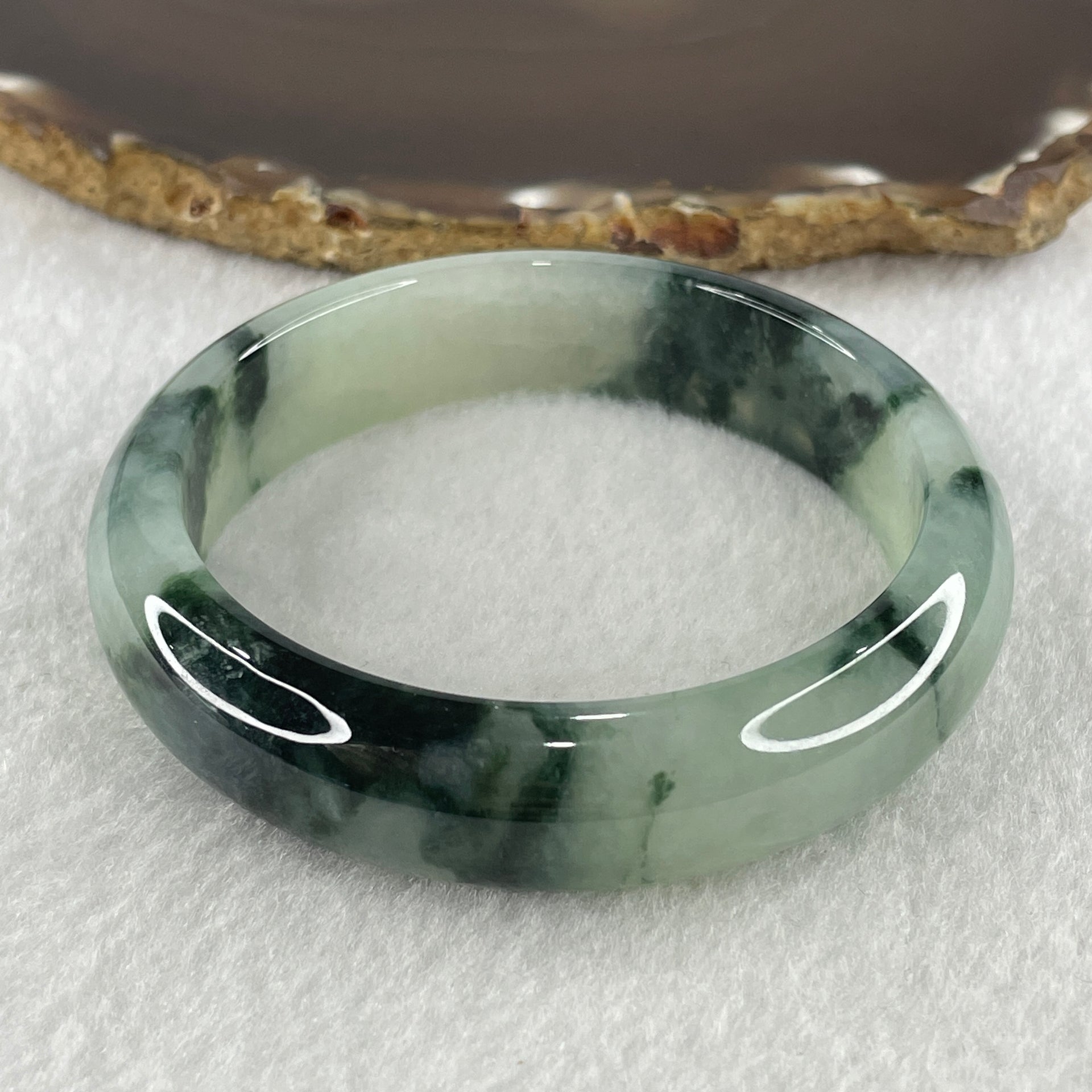 Certified Type A Natural Jelly Light Green with Dark Green Piao Hua Jadeite Bangle 65.93g Inner Diameter 58.6mm 14.9 by 8.0mm (Very Very Slight Internal Line) - Huangs Jadeite and Jewelry Pte Ltd