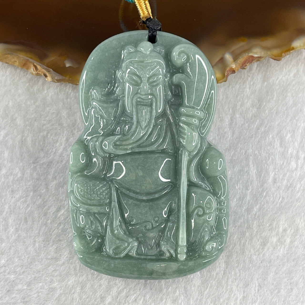 Natural Type A Light Blueish Green Jadeite Seated Guan Gong Pendant 48.52g 52.5 by 33.8 by 12.7mm