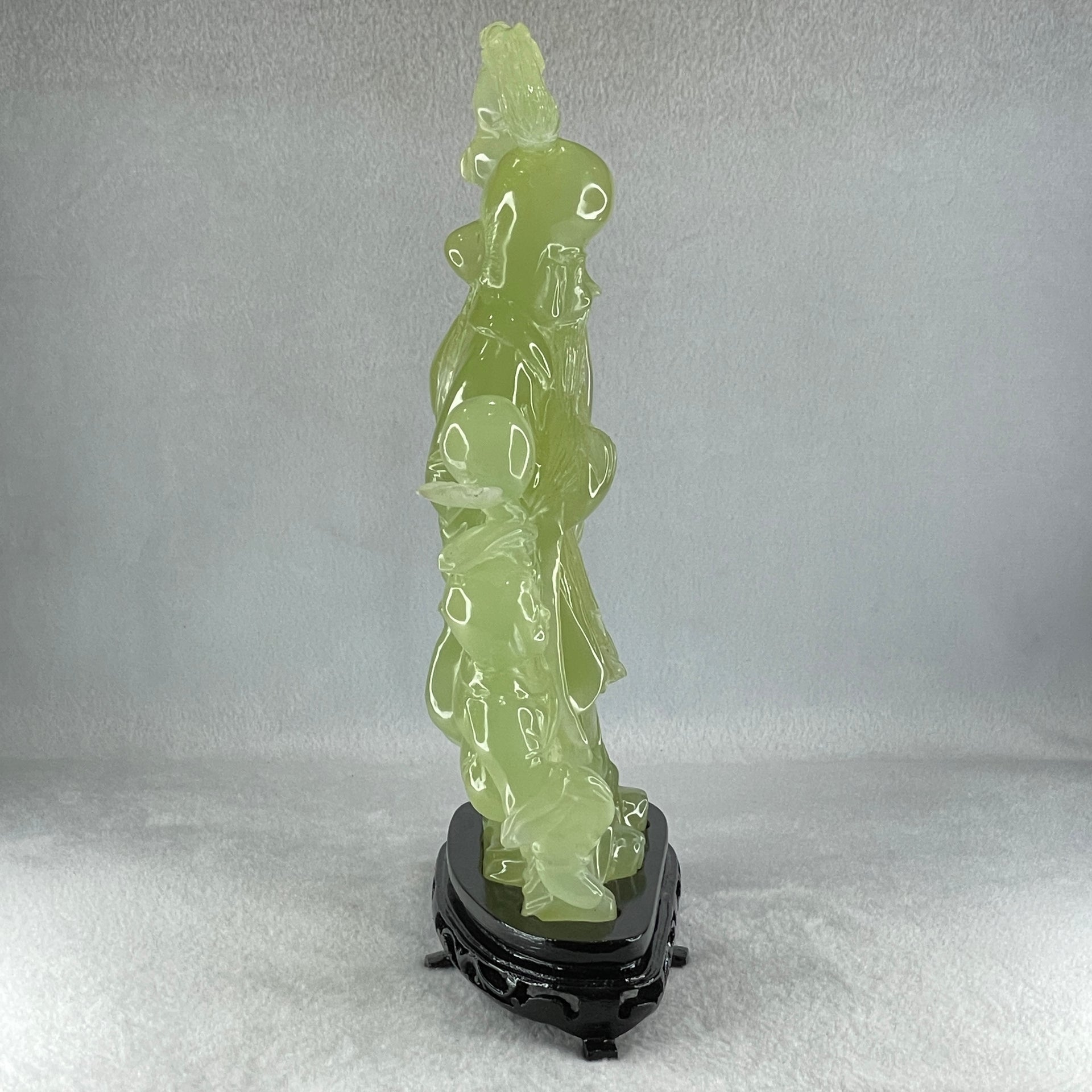 Natural Green Serpentine Shou Xing Gong and Tong Zi with Wooden Stand Display 1,535.1g 160.0 by 276.0 by 68.0mm - Huangs Jadeite and Jewelry Pte Ltd