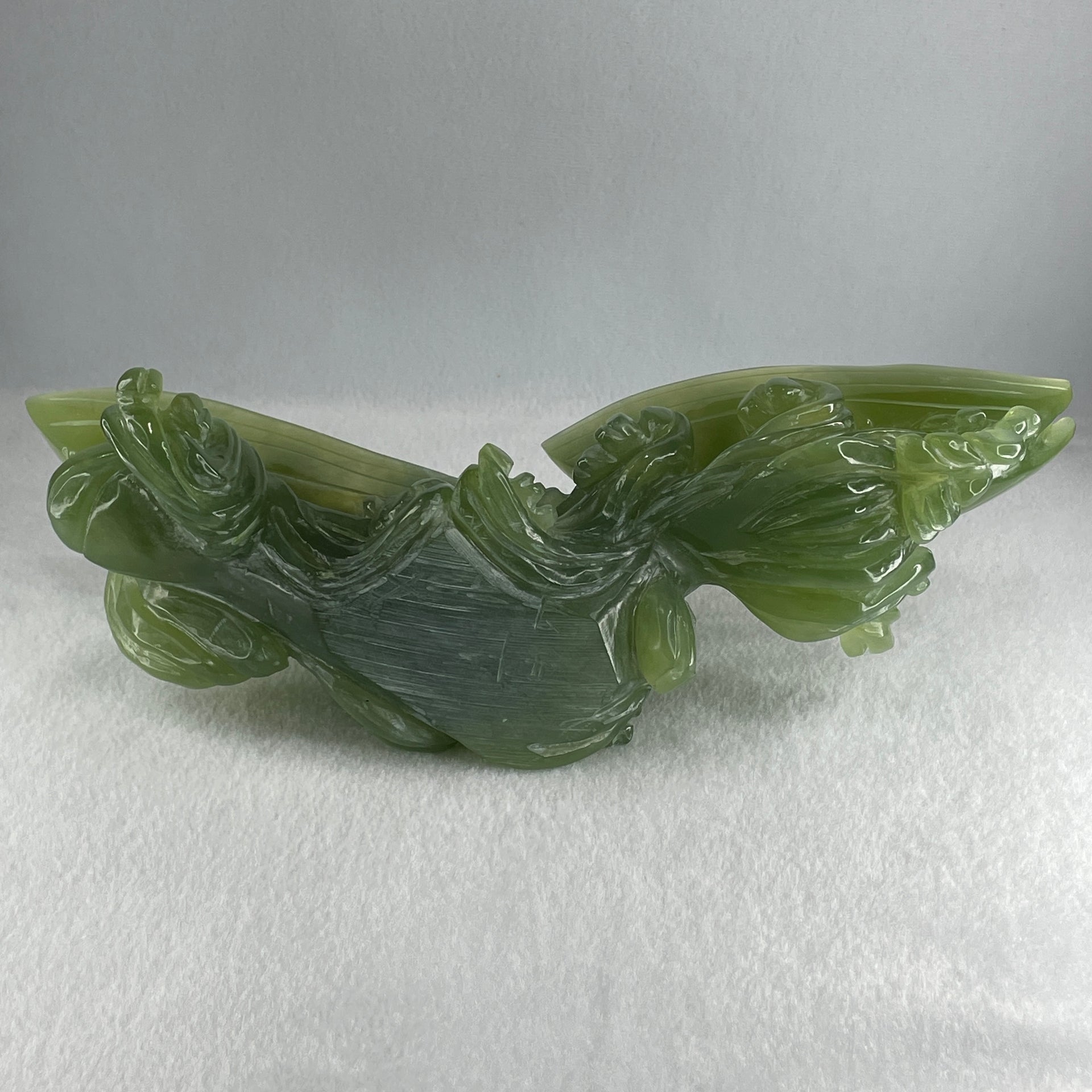 Natural Semi Icy Green Serpentine Double Boats Display 1,692.9g 287.0 by 121.0 by 130.0mm - Huangs Jadeite and Jewelry Pte Ltd