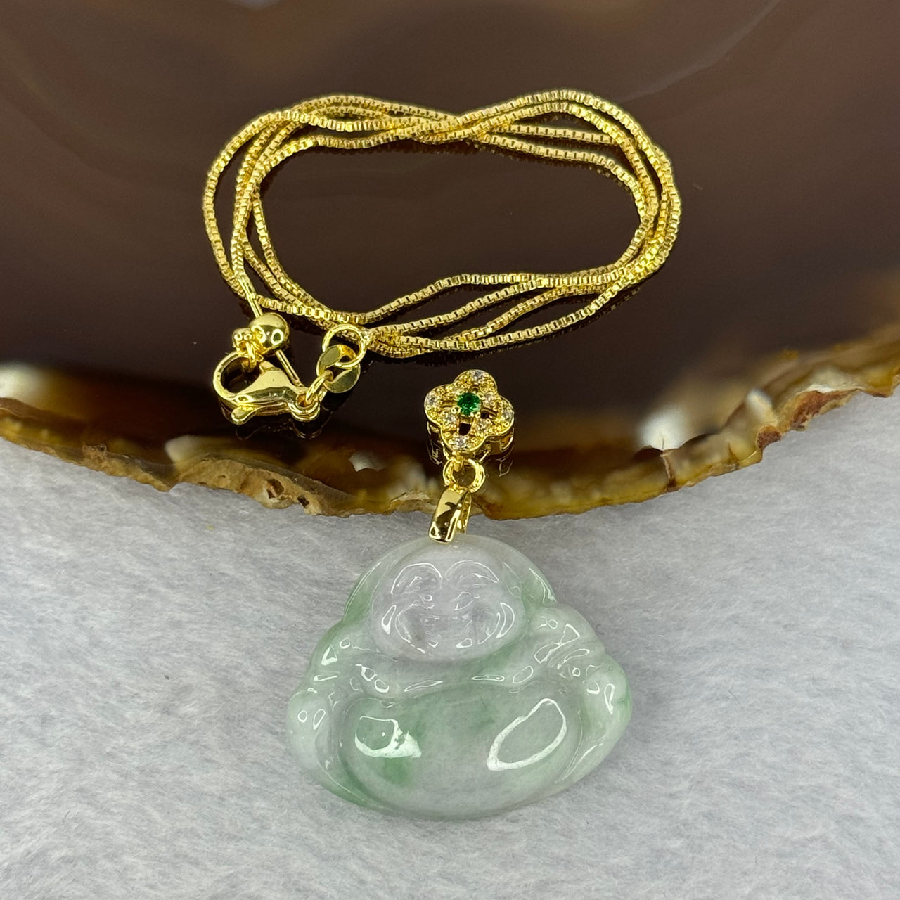 Type A Lavender and Green Jadeite Milo Buddha in S925 Sliver Gold Color Necklace 9.42g 24.6 by 29.6 by 6.3mm (Free Necklace) - Huangs Jadeite and Jewelry Pte Ltd
