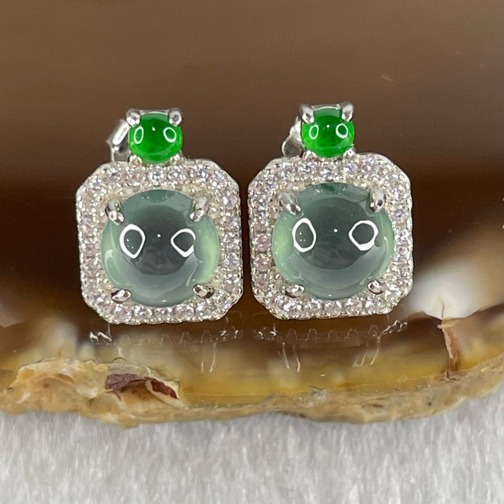 Type A Icy Blueish Green Jadeite Cabochons With Crystals in S925 Sliver Earrings 2.54g 6.6 by 4.0mm - Huangs Jadeite and Jewelry Pte Ltd