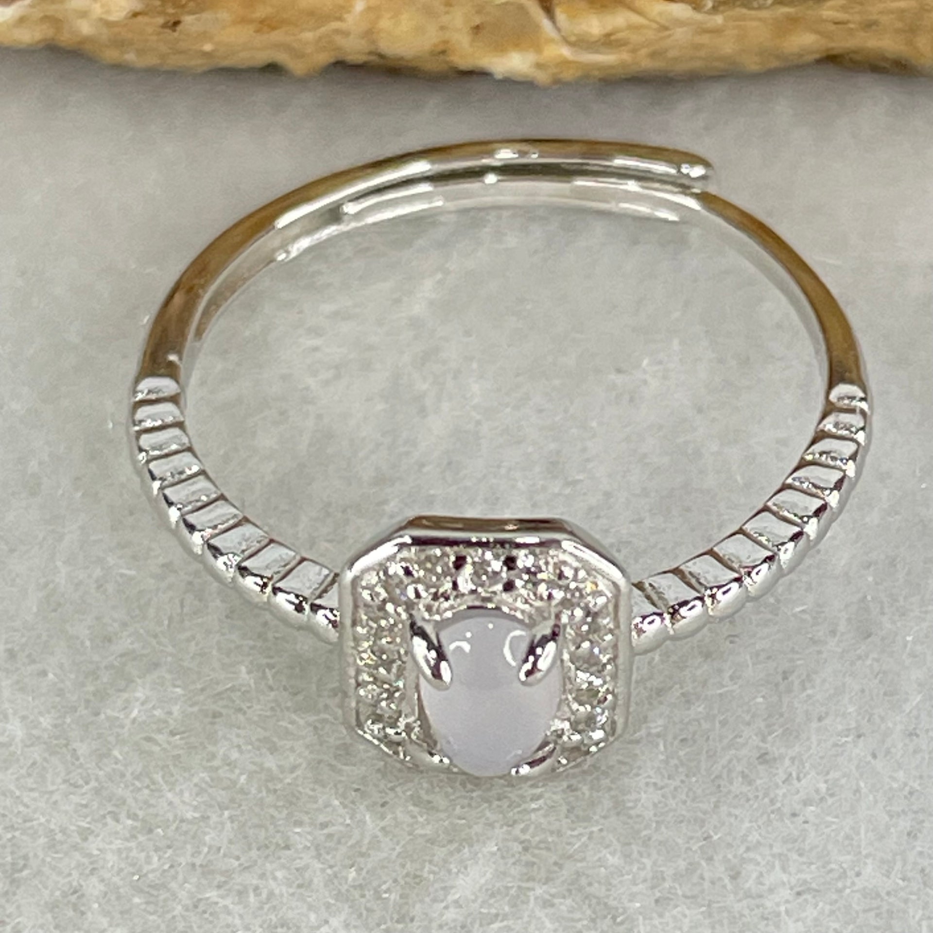 Type A Semi Icy Lavender Cabochon Jadeite in S925 Sliver Ring (Adjustable Size) 1.35g 5.6 by 4.2 by 2.0mm - Huangs Jadeite and Jewelry Pte Ltd