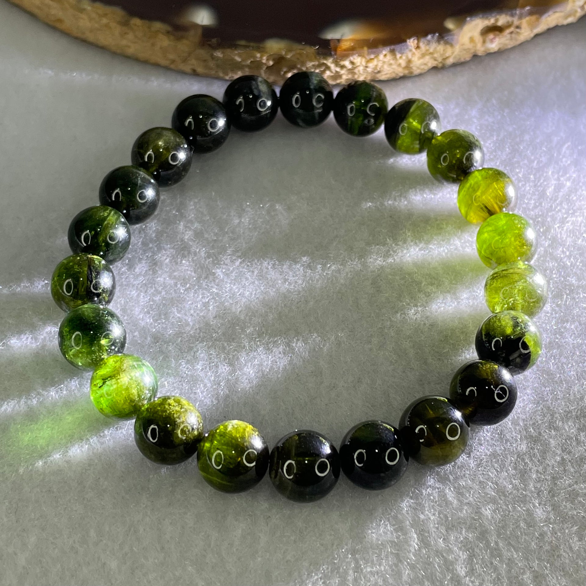 Above Average Grade Natural Green Cats Eye Tourmaline Beads Bracelet 22.44g 16cm 8.8mm 22 Beads - Huangs Jadeite and Jewelry Pte Ltd