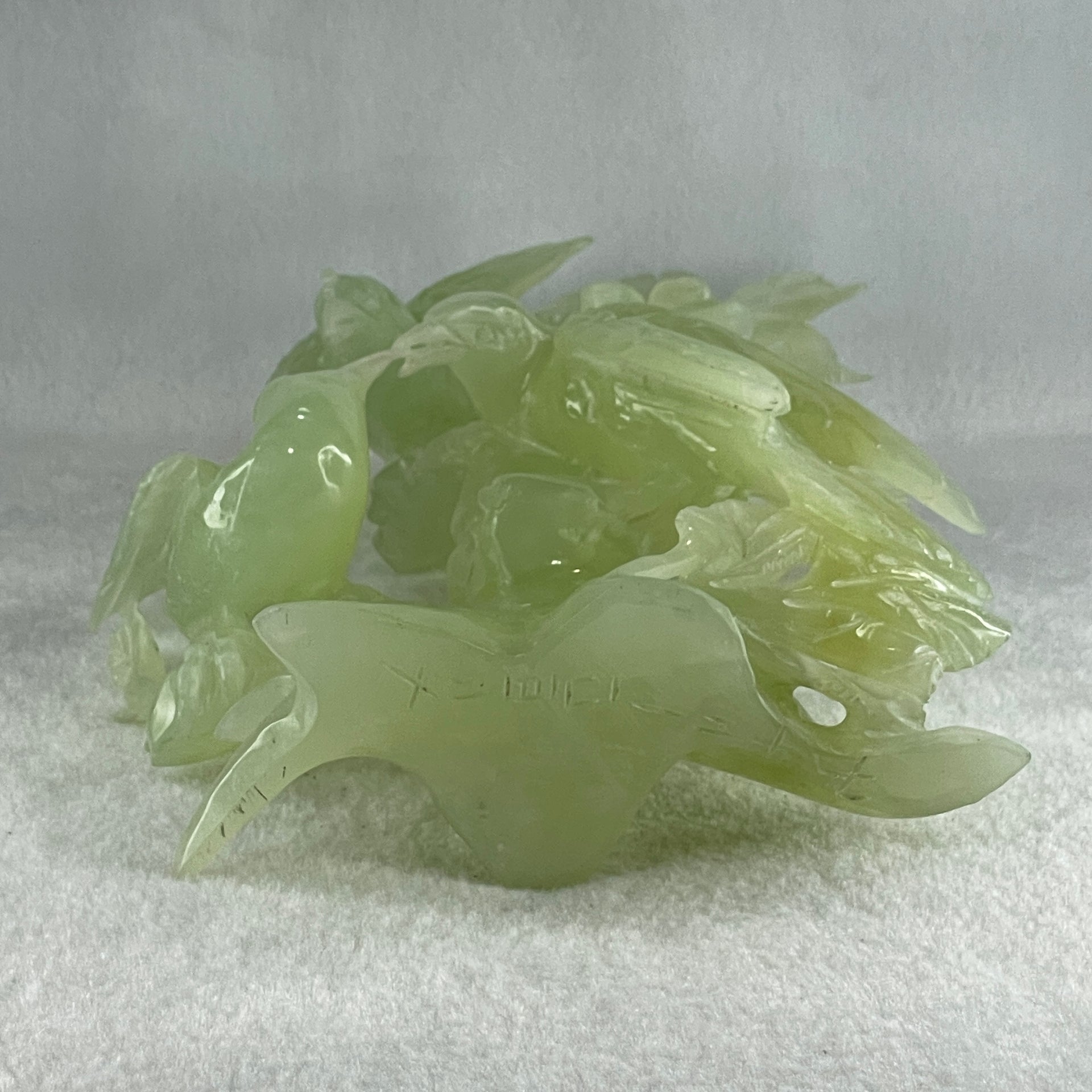 Natural Green Serpentine 3 Magpie Birds on Tree with Wooden Stand Display 939.0g 147.0 by 272.0 by 92.0mm - Huangs Jadeite and Jewelry Pte Ltd