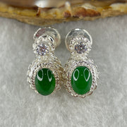 Type A Natural Full Old Mine Spicy Green Jadeite Cabochon 8.0 by 5.8 by 3.0mm Stone for Setting 17.46g (On Silver Earrings Mold) - Huangs Jadeite and Jewelry Pte Ltd