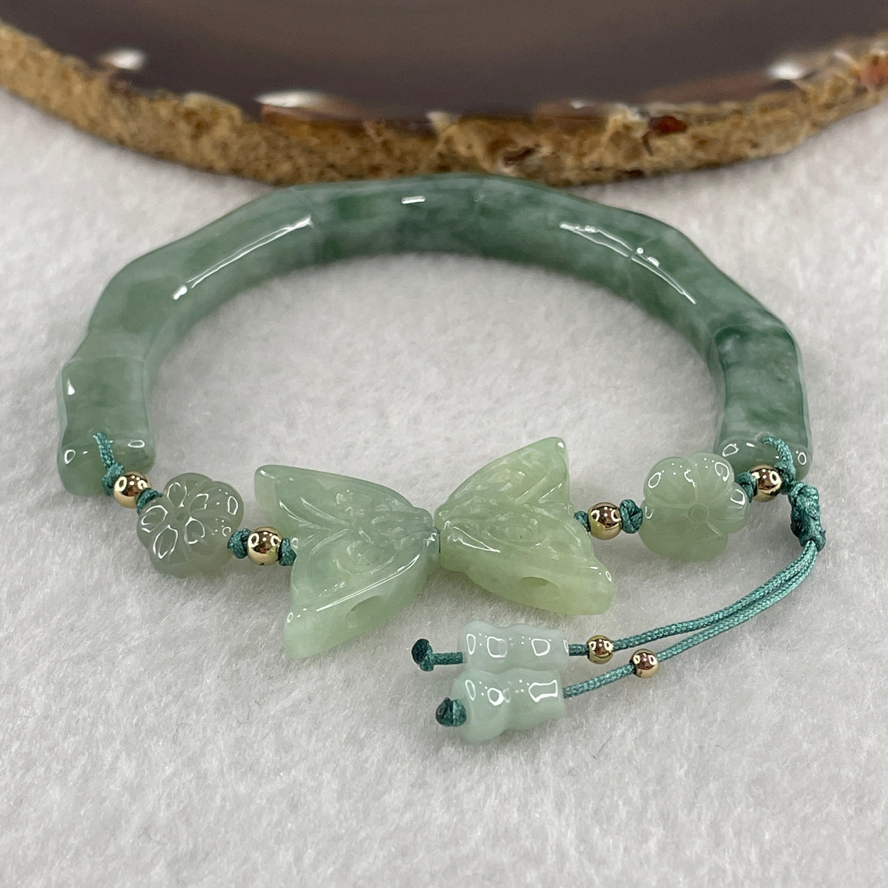 Natural Type A Jelly Light Green with Blueish Green Spot Jadeite Bamboo with Butterfly Bracelet 30.68g 16cm 8.1 by 9.8mm - butterfly 23.1 by 13.1 by 5.2mm