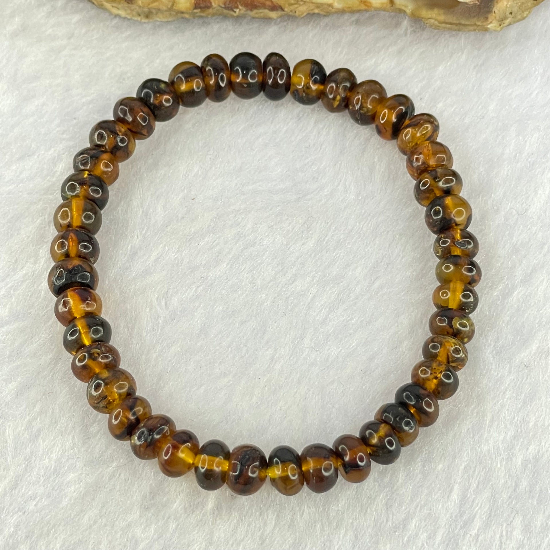 Natural Dark Brownish Yellow Medicine Amber Beads Bracelet 天然抚顺药珀手链 4.37g 15.5cm 6.9mm 41 Beads - Huangs Jadeite and Jewelry Pte Ltd