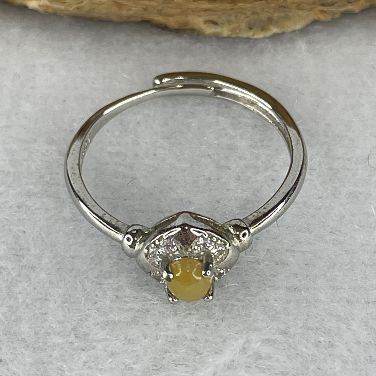 Type A Yellow Jadeite Cabochon S925 Silver Ring | Radiant Royal Amber Translucency | Solid Sterling Silver Frame | Smart Adjustable Sizing Minimalist Ring (1.31g 4.3x3.8x2.0mm)