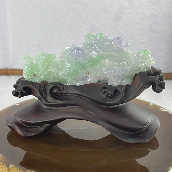 Grand Master Bright Intense Lavender Green Jadeite 3D Dragon 48.17g 91.9 by 36.4 by 11.8mm with Wooden Stand - Huangs Jadeite and Jewelry Pte Ltd