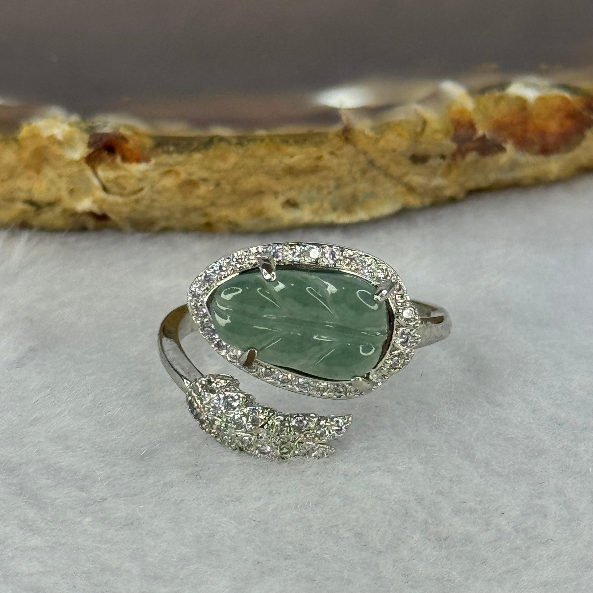 Type A Icy Blueish Jadeite Leaf with Crystals in S925 Sliver Ring (Adjustable Size) 2.60g 12.3 by 7.4 by 2.0mm - Huangs Jadeite and Jewelry Pte Ltd