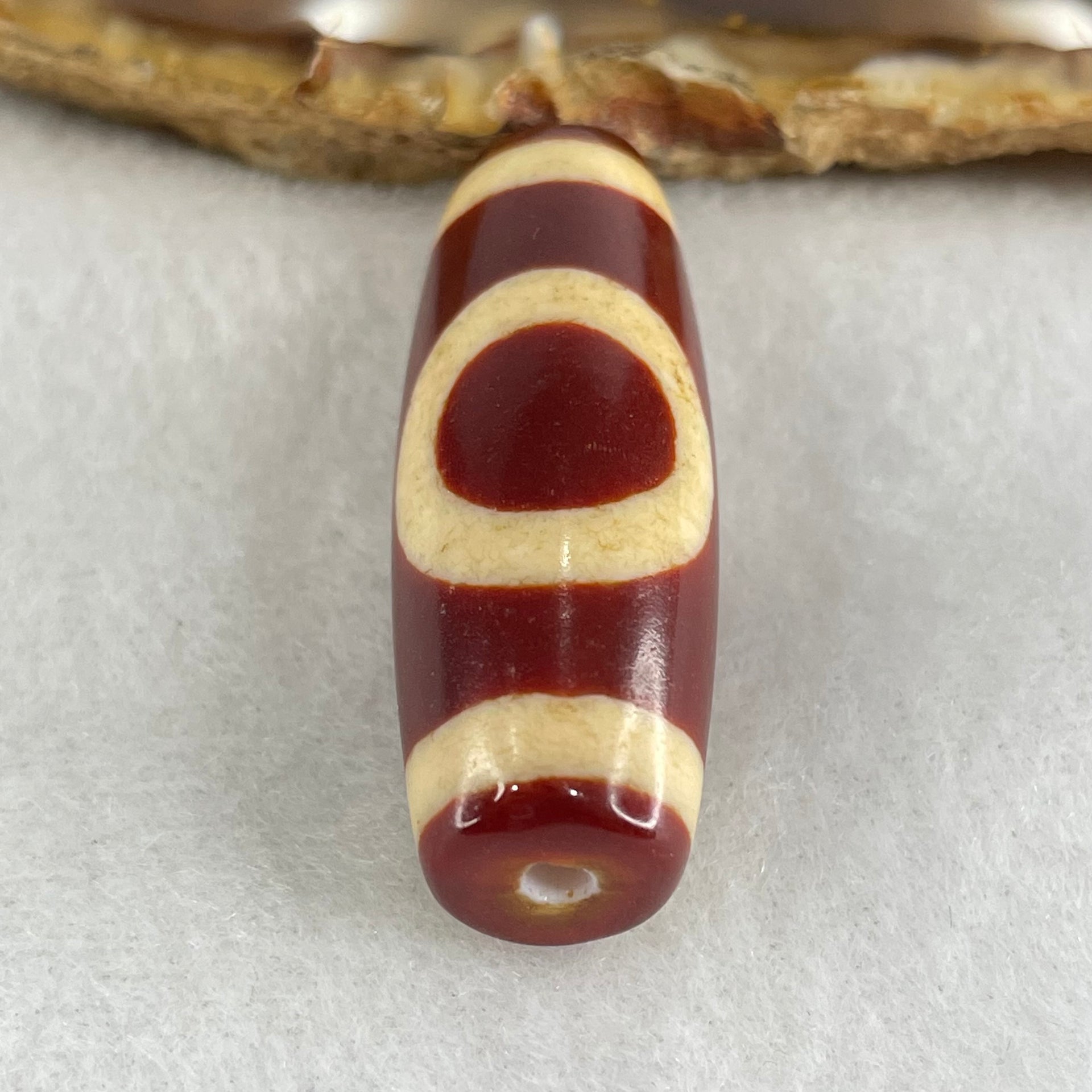 Natural Powerful Tibetan Old Oily Red White Agate One Eye Gold Metal Element Dzi Bead Heavenly Master (Tian Zhu) 一眼金天珠 10.96g 37.5 by 13.5mm - Huangs Jadeite and Jewelry Pte Ltd