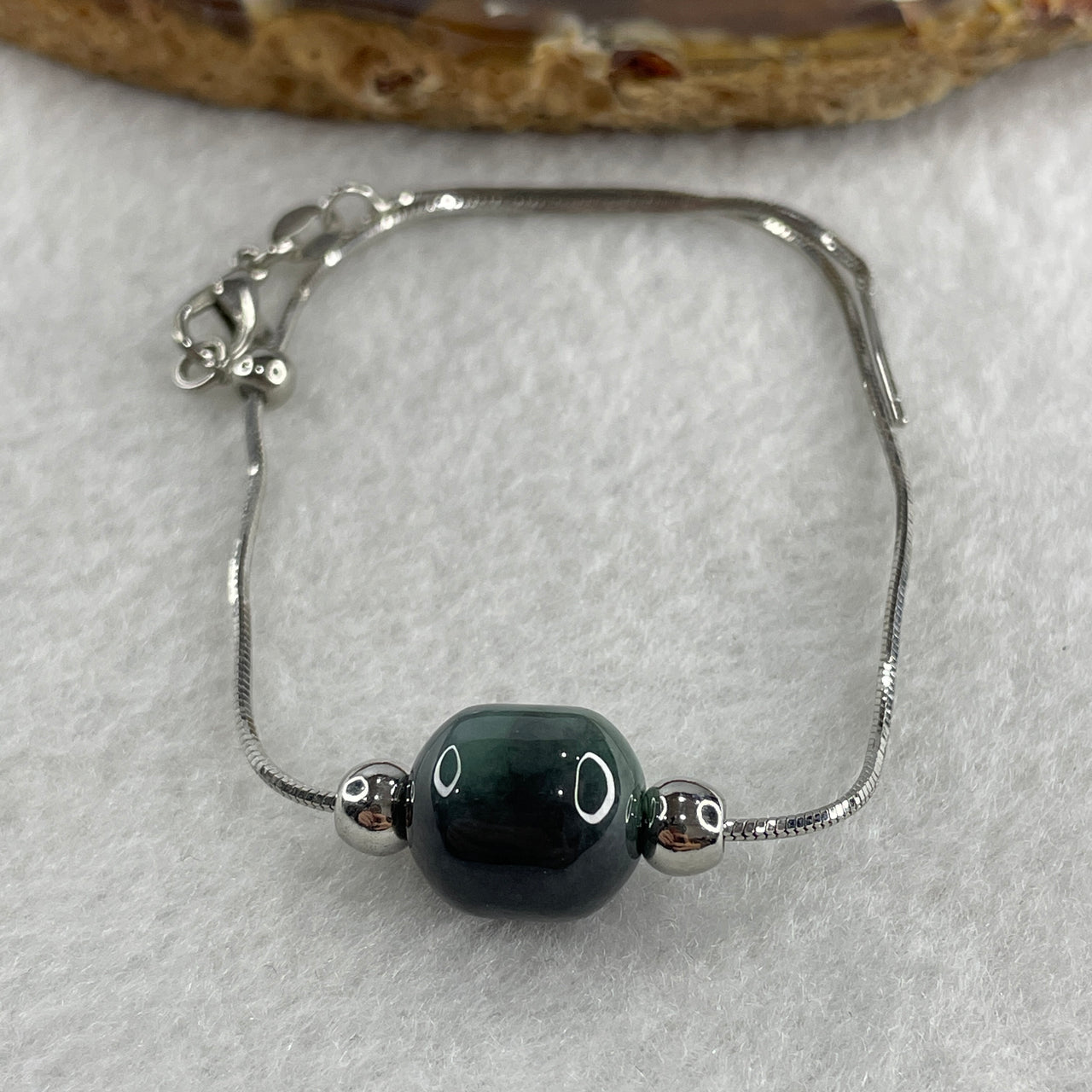 Natural Type Green with Wuji Grey Jadeite Lulutong in S925 Sliver Bracelet 5.24g 20cm 11.5 by 10.8mm