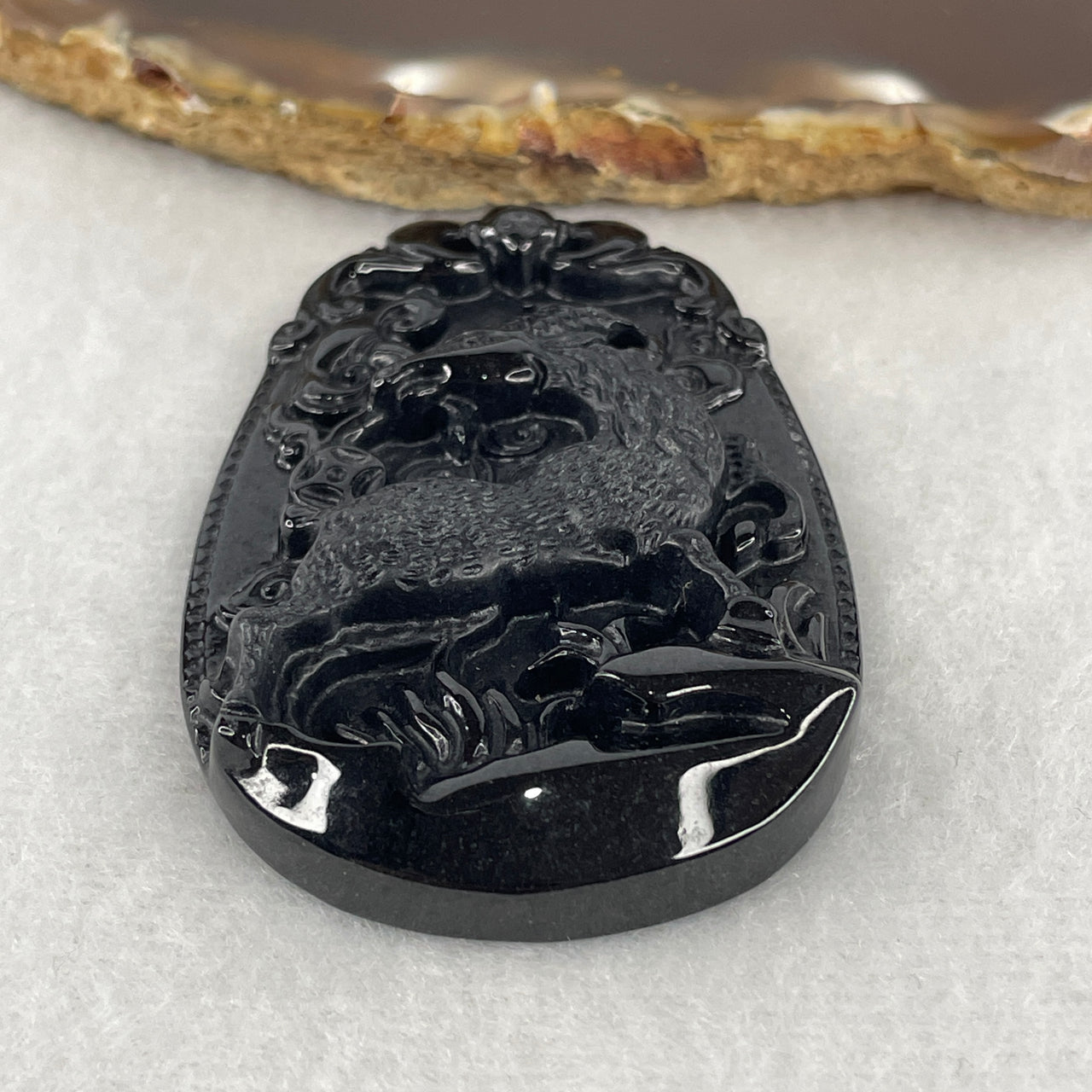 Certified Type A Opaque Black Omphacite Jadeite Goat with Bat Pendant | Prosperity & Goat Zodiac Protection Talisman (25.50g | 60.0 x 39.8 x 8.9mm)