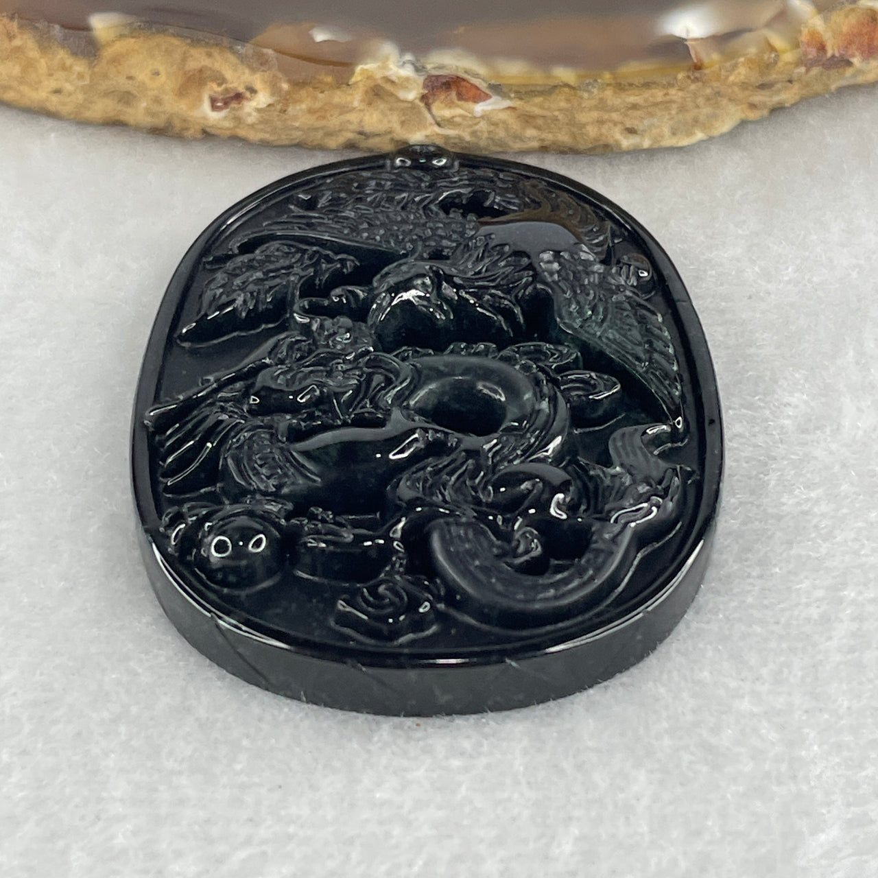 Certified Natural Type A Black Omphacite Jadeite Dragon with Phoenix Pendant 21.15g 49.9 by 38.1 by 8.0mm