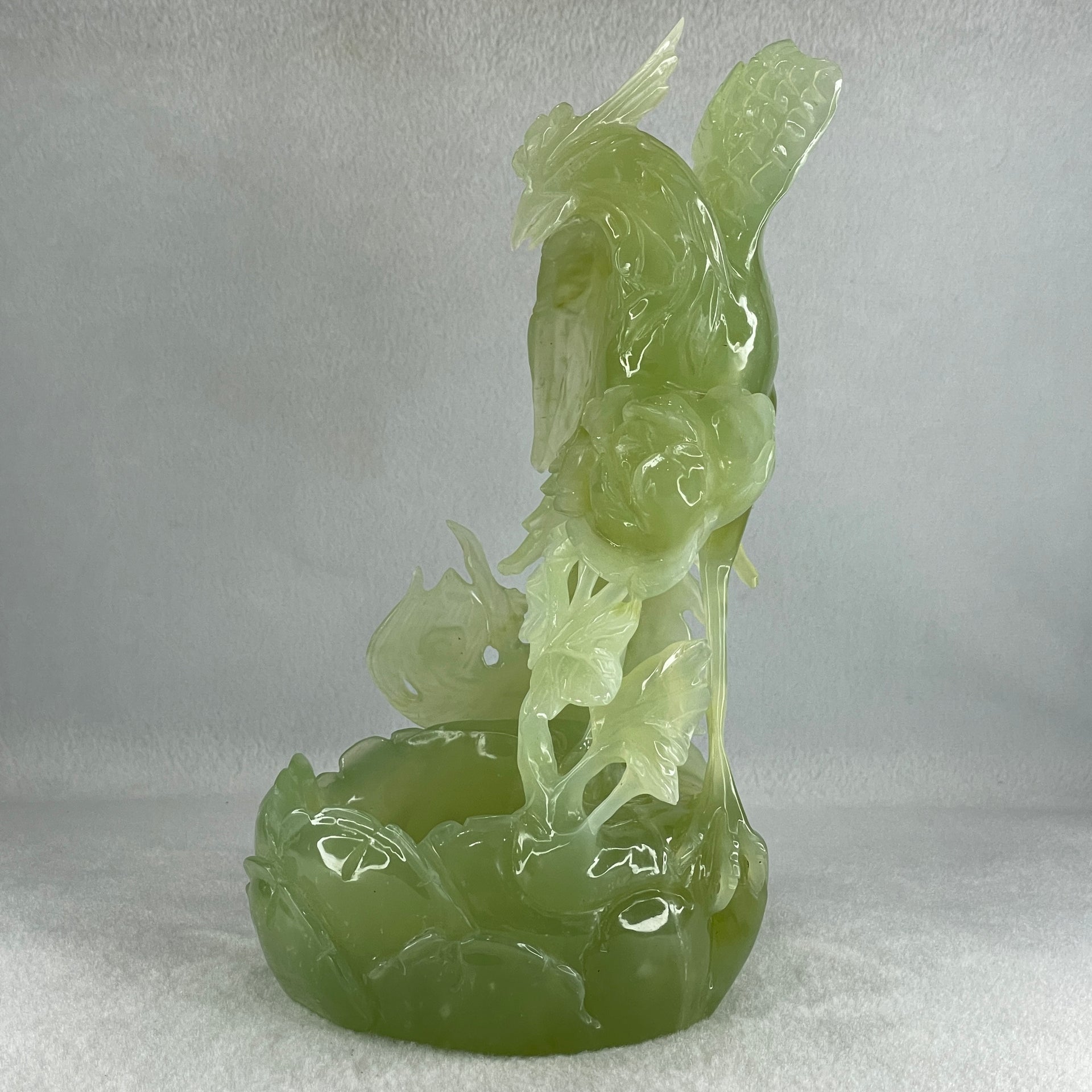 Natural Semi Icy Green Serpentine Phoenix on Pond and Flower Display 1,488.3g 175.0 by 230.0 by 129.0mm - Huangs Jadeite and Jewelry Pte Ltd