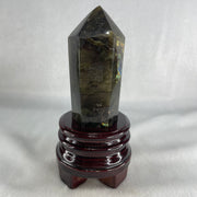 Good Grade Natural Labradorite Tower with Wooden Stand Display 397.7g 150.8 by 71.6 by 69.3mm - Huangs Jadeite and Jewelry Pte Ltd