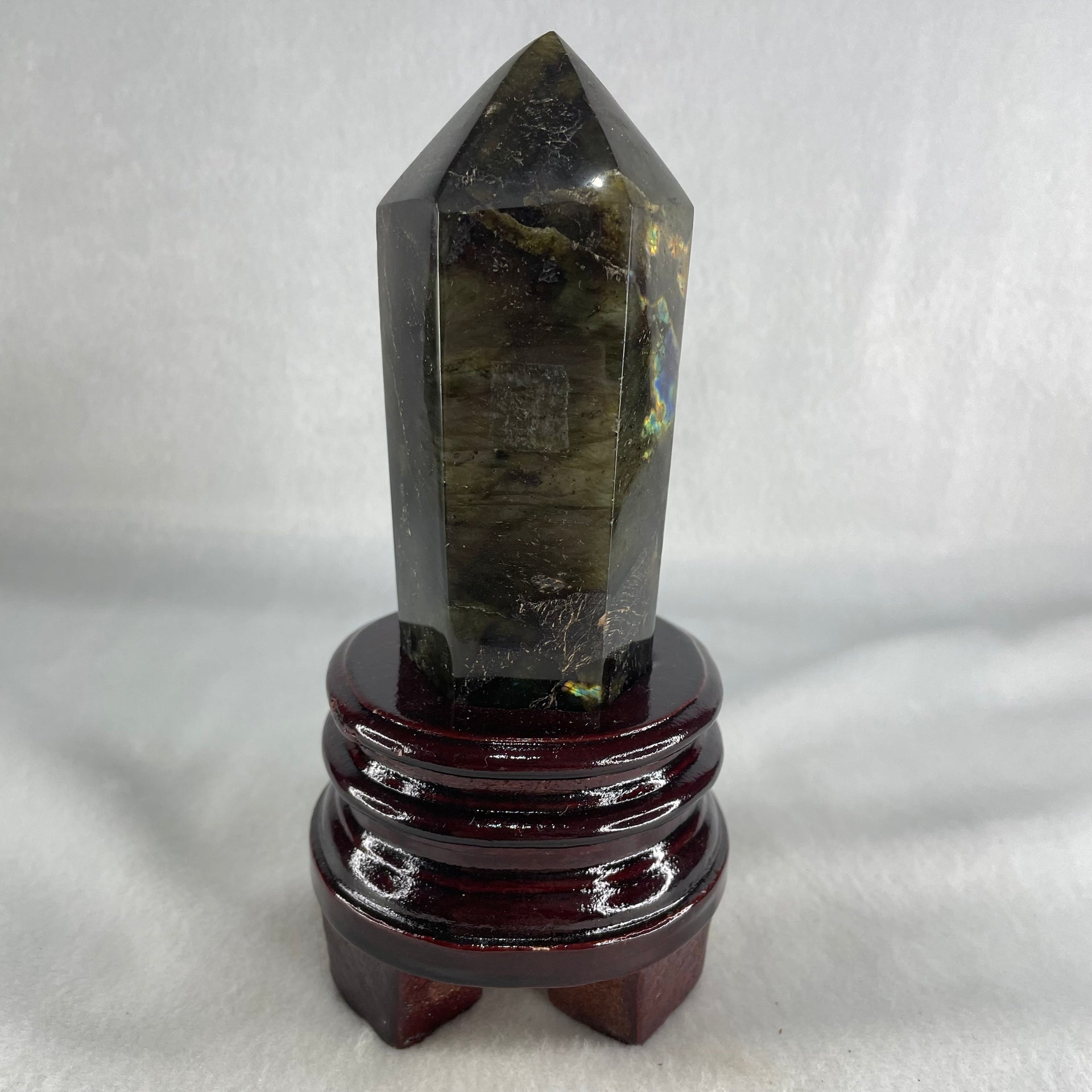 Good Grade Natural Labradorite Tower with Wooden Stand Display 397.7g 150.8 by 71.6 by 69.3mm - Huangs Jadeite and Jewelry Pte Ltd