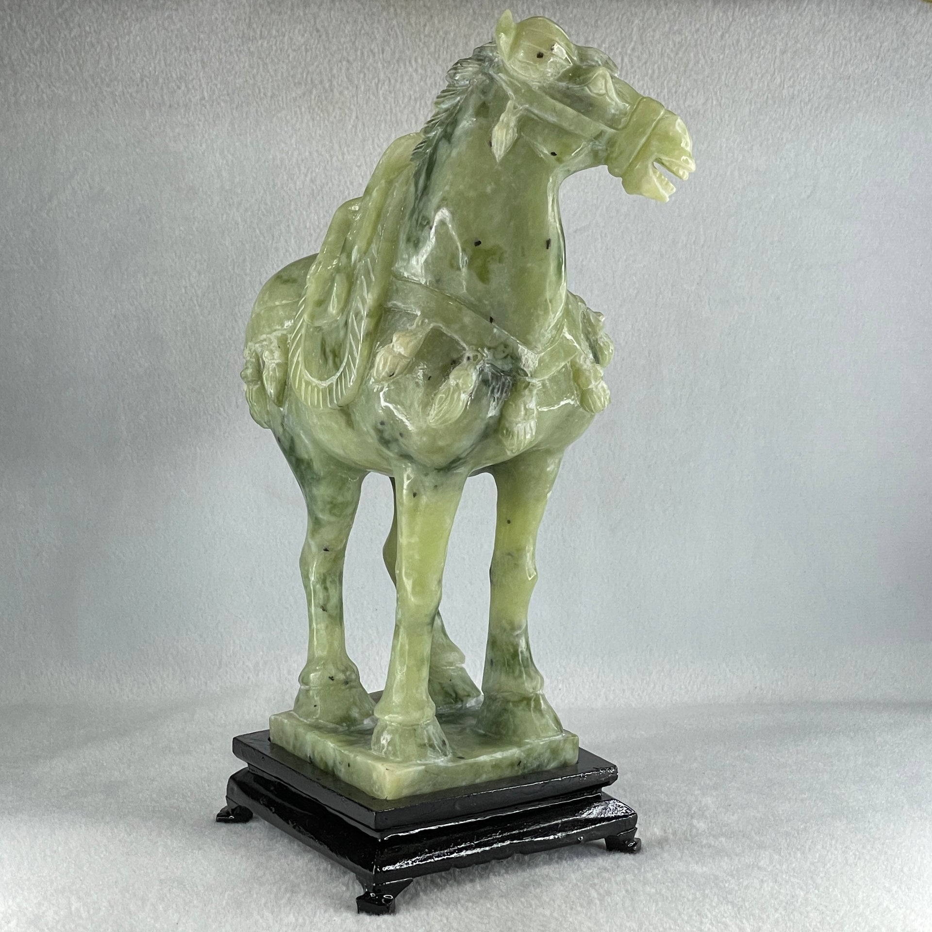 Natural Green Serpentine Victory Horse with Wooden Stand Display 2,539.2g 187.0 by 273.0 by 110.0mm - Huangs Jadeite and Jewelry Pte Ltd