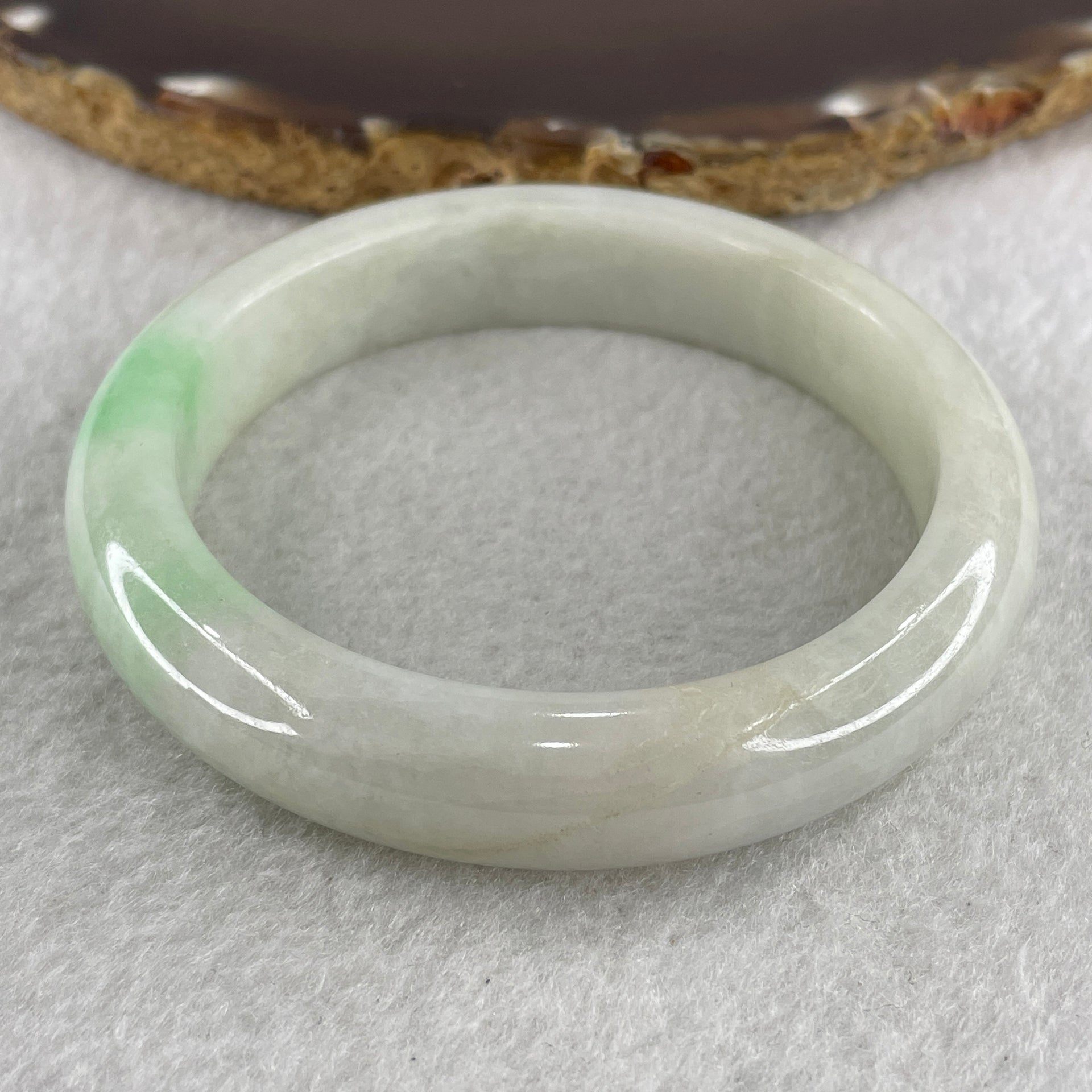Type A Light Green with Spicy Green Patches Jade Jadeite Bangle 52.23g inner Dia 55.7mm 12.3 by 8.5mm (External Line) - Huangs Jadeite and Jewelry Pte Ltd