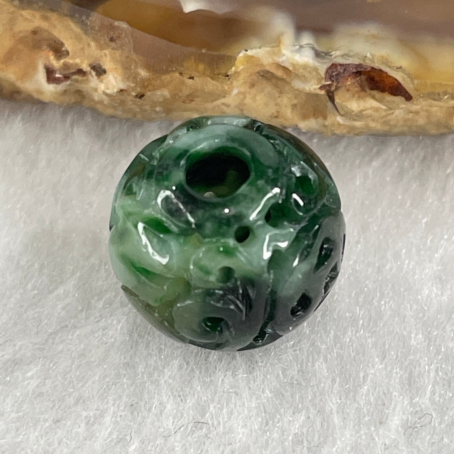 Natural Type A Lao Keng Old Mine Green with Light Green Jadeite Flora Carving Bead Charm 1.91g 12.5mm - Huangs Jadeite and Jewelry Pte Ltd