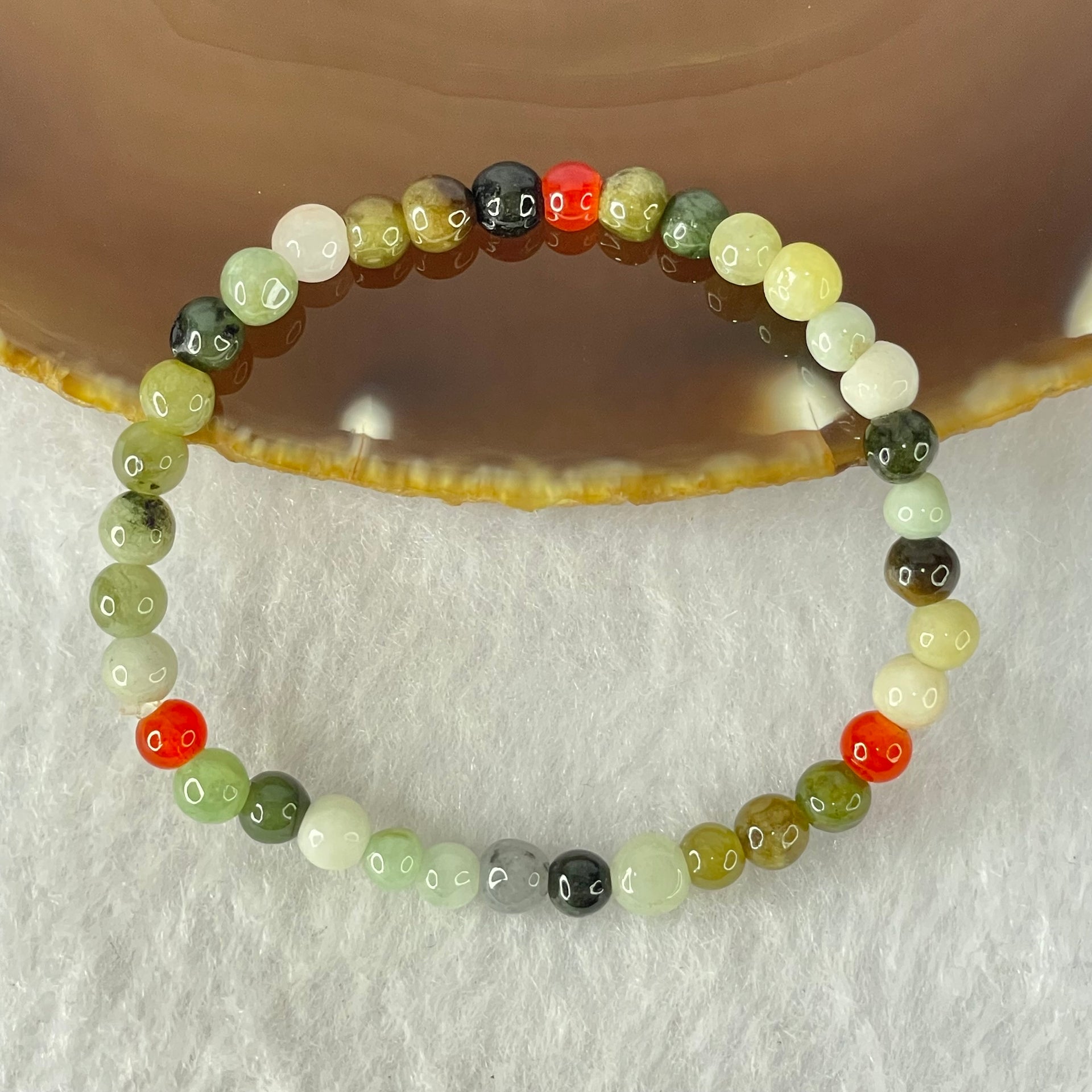 Type A Mixed Color Jadeite and Red Agate Beads Bracelet 6.18g 13.5cm 5.4mm 36 Beads - Huangs Jadeite and Jewelry Pte Ltd