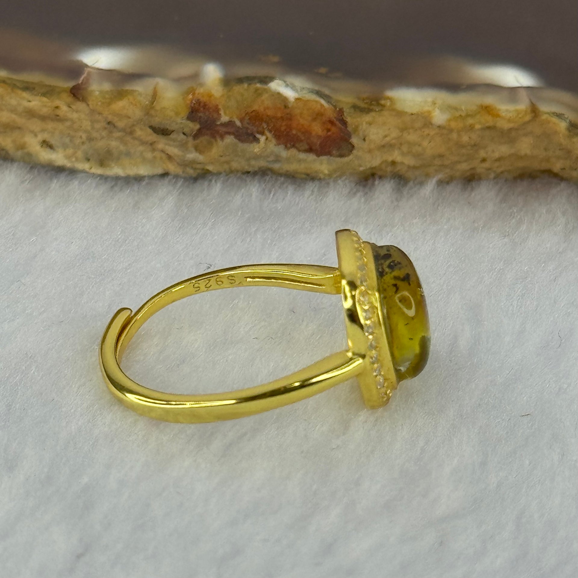 Natural Green Amber with Milk Inclusions in S925 Sliver Gold Color Ring (Adjustable Size) 2.17g 90.0 by 4.0mm - Huangs Jadeite and Jewelry Pte Ltd