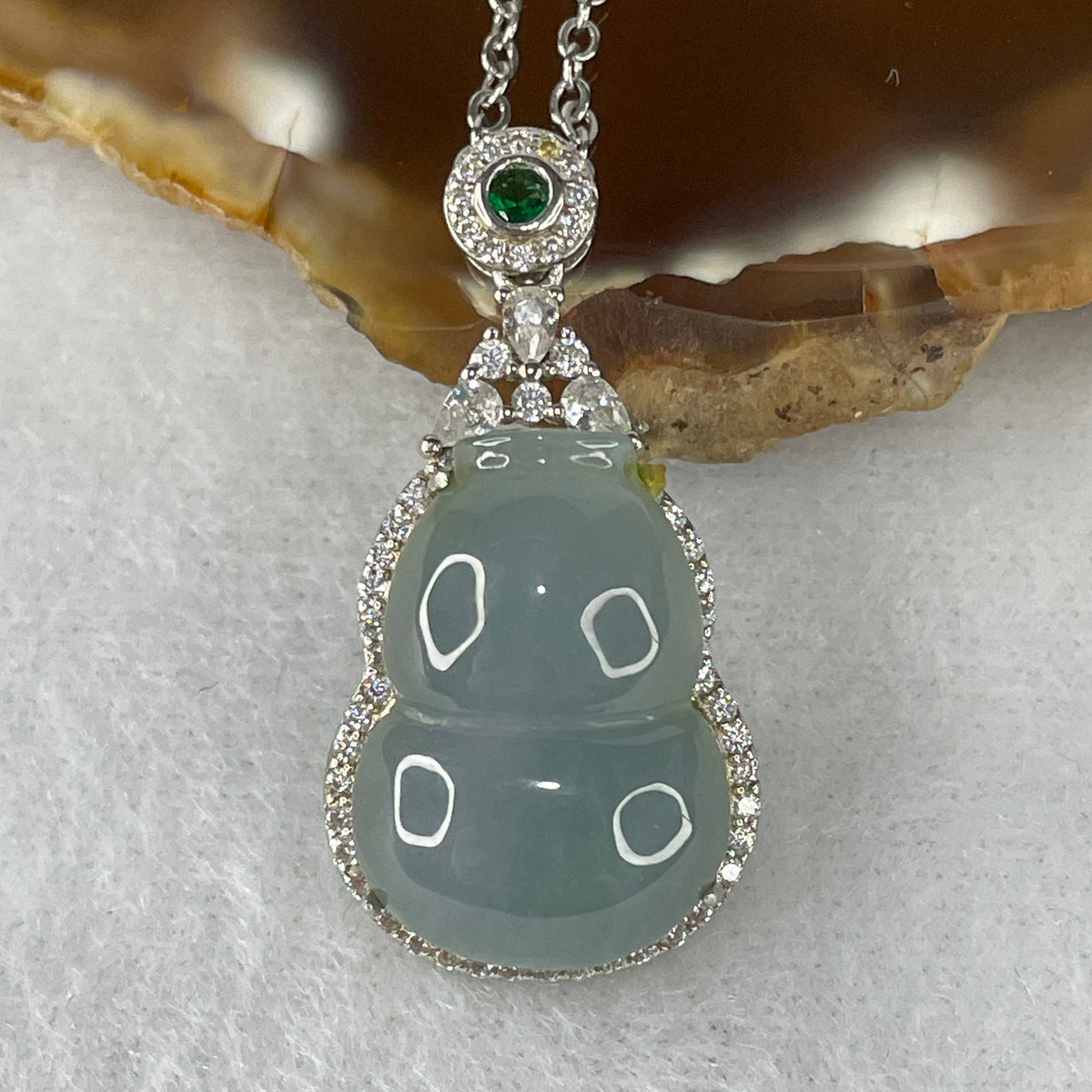 Certified Natural Type A Blue Jadeite Hulu Pendant | Authentic Myanmar Feicui Double-Gourd Amulet | Mineral Variety Luxury Talisman Necklace (6.43g | 46cm Chain Line | 19.7x13.9x6.0mm)