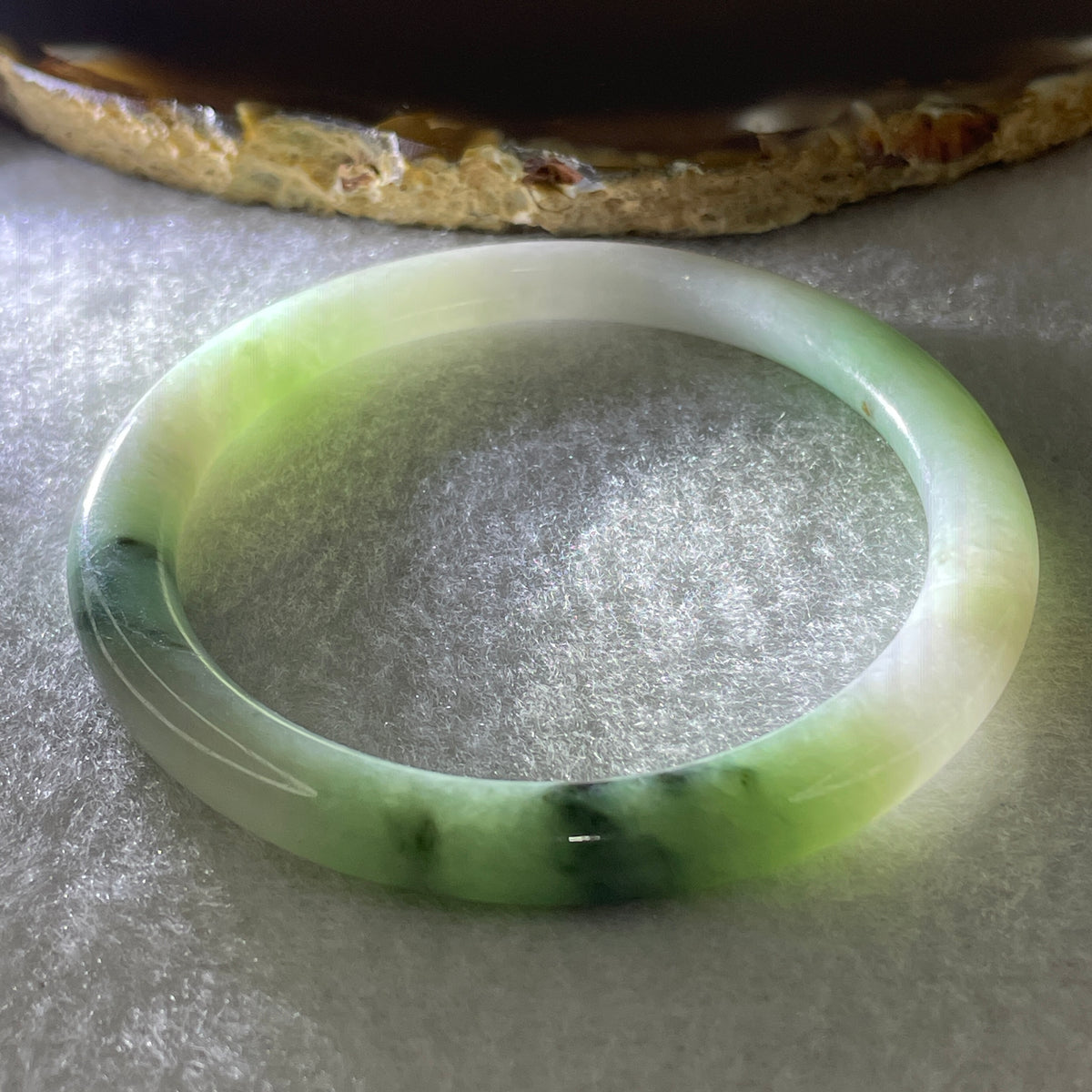 Natural Type A Green with Lavender Piao Hua Jadeite Flat Ding Dang Bangle 22.98g Inner Diameter 52.8mm 6.6 by 7.5mm (Very Very Slight External Rough) - Huangs Jadeite and Jewelry Pte Ltd