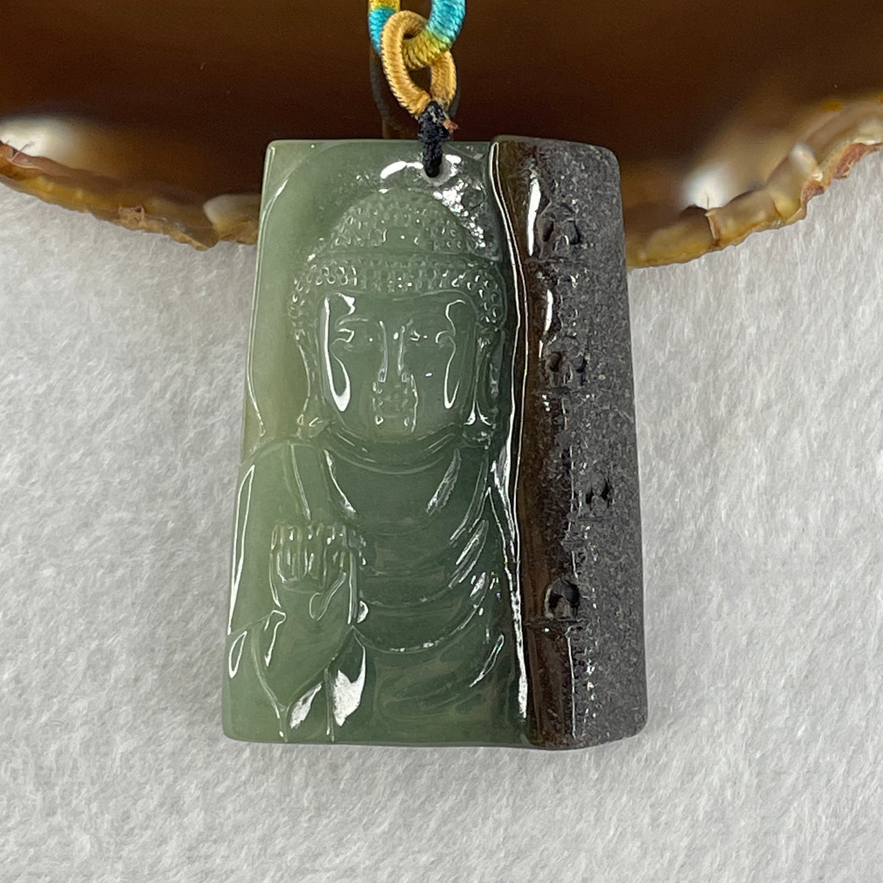 Natural Type A Blueish Green with Brown Jadeite Blessing Buddha Pendant 39.41g 51.4 by 36.1 by 9.2mm