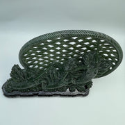 Natural Dark Green Nephrite 3 Prawns in Net with Wooden Display 2,568.0g 280.0 by 95.0 by 270.0mm - Huangs Jadeite and Jewelry Pte Ltd