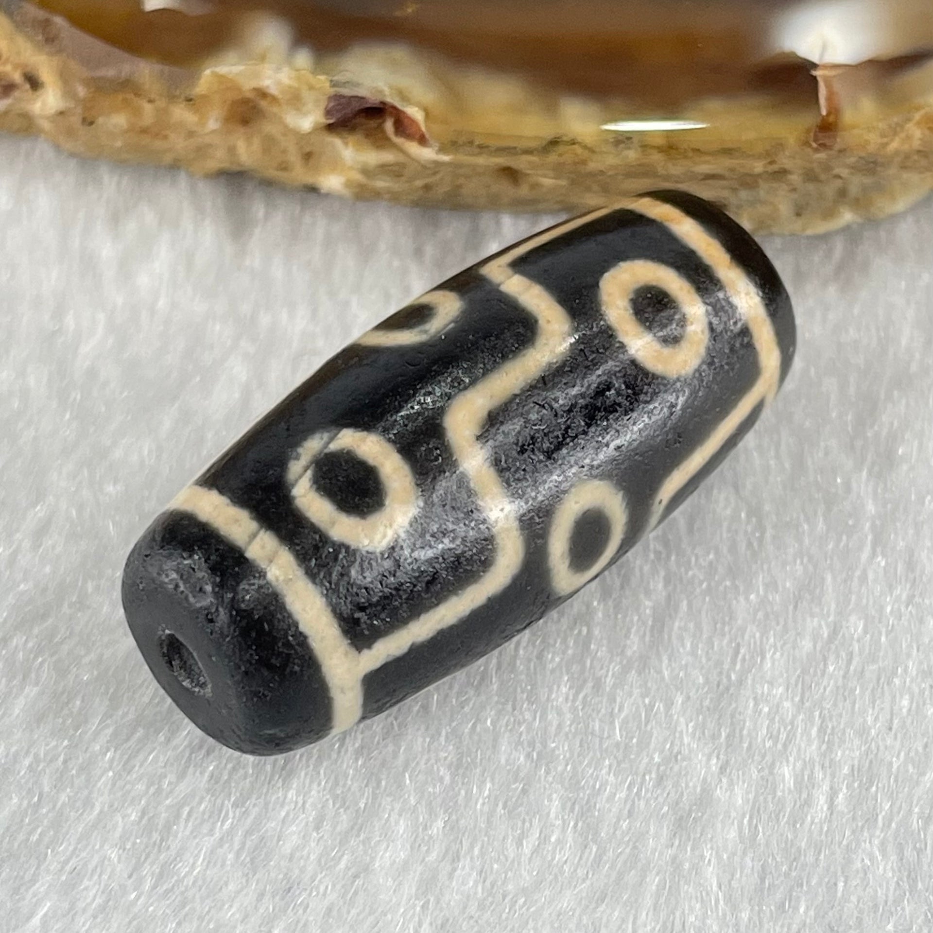 Natural Powerful Tibetan Old Oily Dark Brown with Yellowish White Agate 9 Eyes Dzi Bead Heavenly Master (Tian Zhu) 九眼天诛 7.02g 28.1 by 12.6mm - Huangs Jadeite and Jewelry Pte Ltd