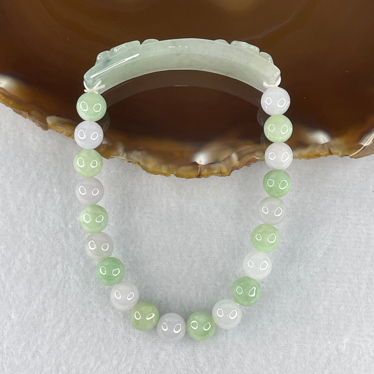 Natural Type A Semi-Icy Light Green Jadeite Lotus Flower 5.12x12.2x9.3mm Bracelet | 7.6mm Round Pastel Mint & Lavender Jade Bead Harmony Strand (20 Beads)