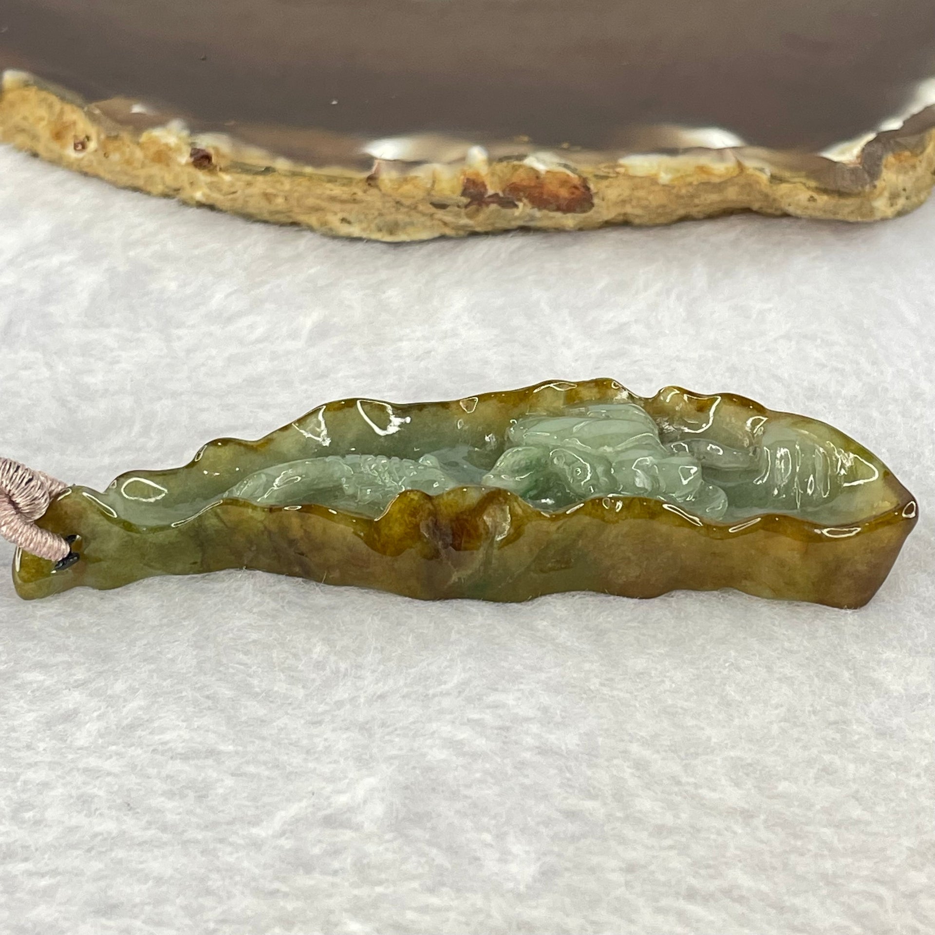 Type A Green and Brown Jadeite Lotus Flower and Koi Fish Pendent 21.41g 66.3 by 22.0 by 9.4mm - Huangs Jadeite and Jewelry Pte Ltd