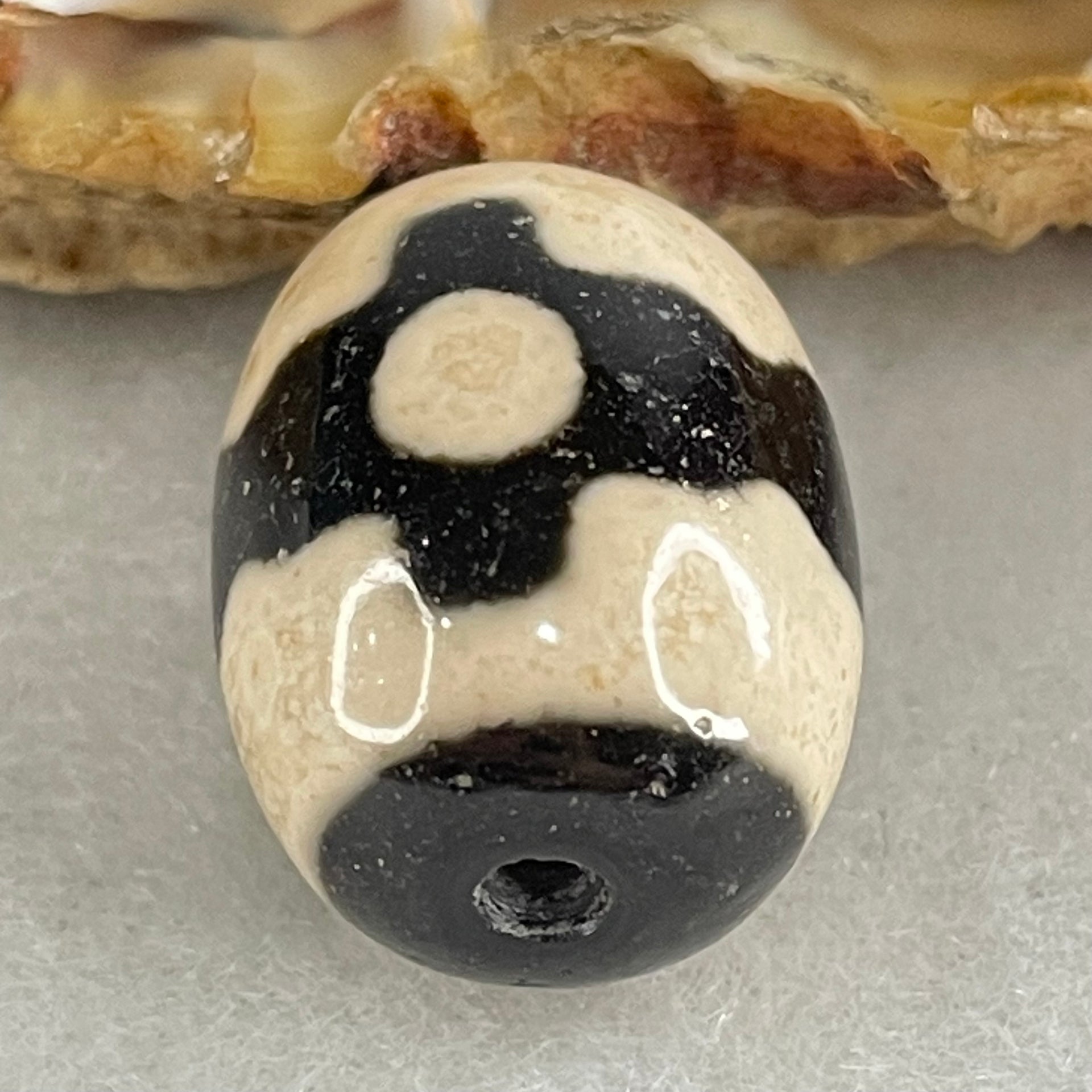 Natural Powerful Tibetan Old Oily Dark Brown With White Agate 3 Eyes Dzi Bead Heavenly Master (Tian Zhu) 三眼天诛 5.06g 17.6 by 13.5mm - Huangs Jadeite and Jewelry Pte Ltd
