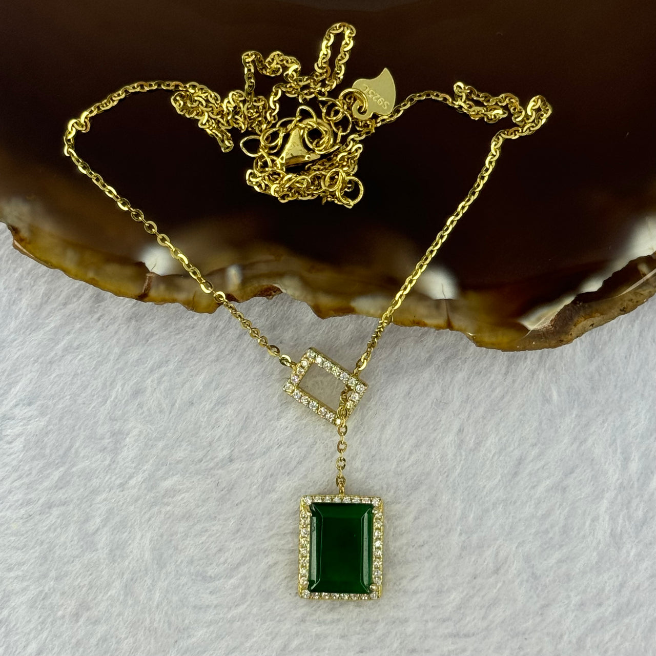 Type A Icy Green Jadeite Mini Wu Shi Pai 10.7 by 7.7 by 2.0mm with Crystals in S925 Sliver Gold Color Necklace 3.76g - Huangs Jadeite and Jewelry Pte Ltd