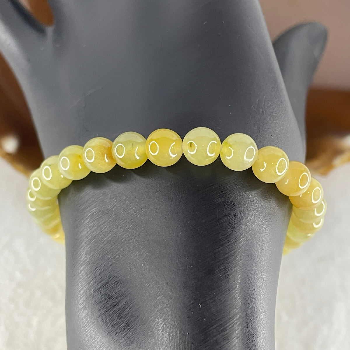Natural Type A Semi Icy Yellowish Jadeite Beads Bracelet | (17.72g | 19.5cm | 6.8mm x 28 Beads | Solar Plexus & Root Chakra Synergy, "Huang Fei" Abundance Catalyst & Feng Shui Wealth Anchor) - Huangs Jadeite and Jewelry Pte Ltd