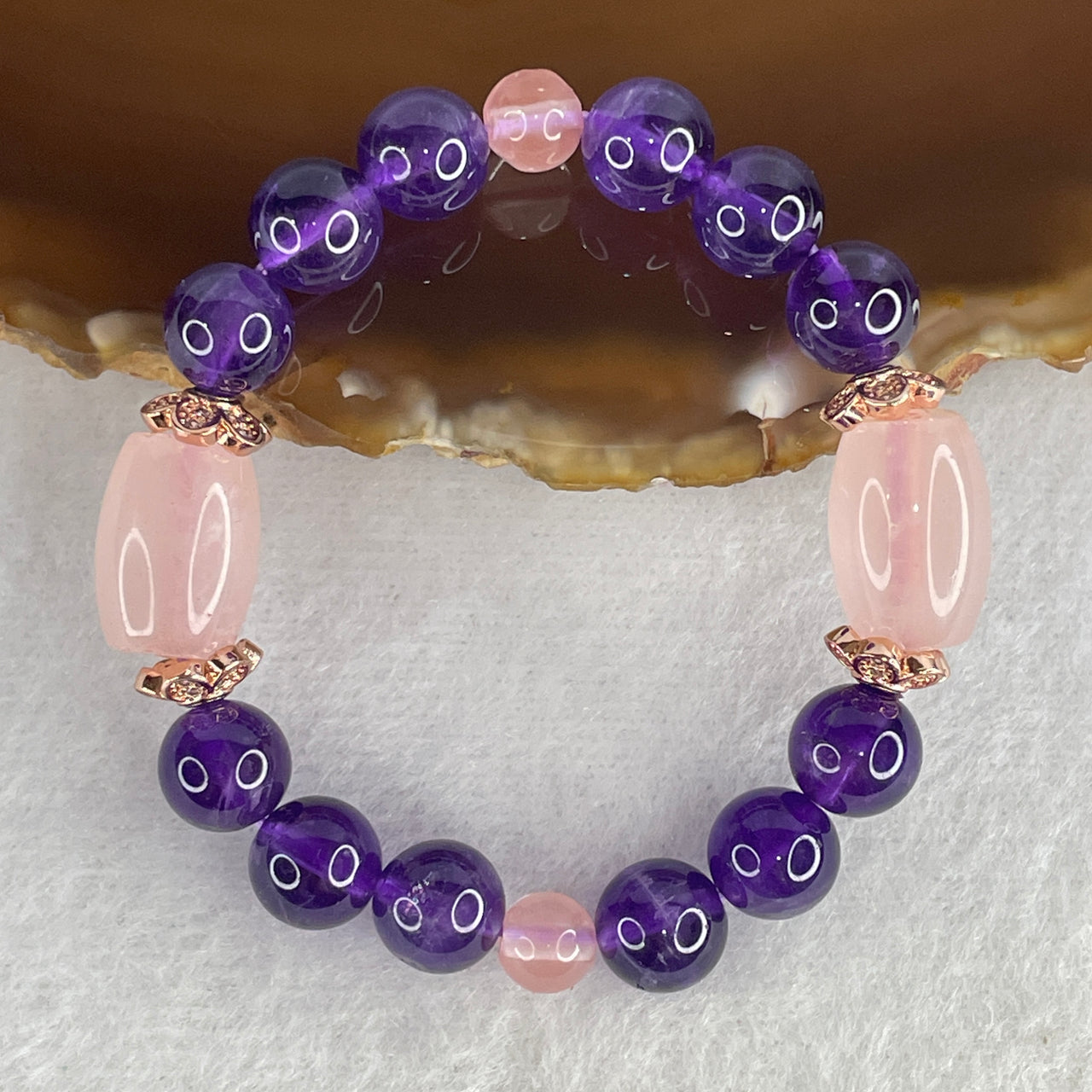 Natural Amethyst & Rose Quartz Barrel Beads Bracelet 14.14x10.2mm | 12cm Petite Stackable Strand | 12-Piece Deep Violet & Pastel Pink "Heart & Crown" Harmony Wrist Heirloom (16.87g)