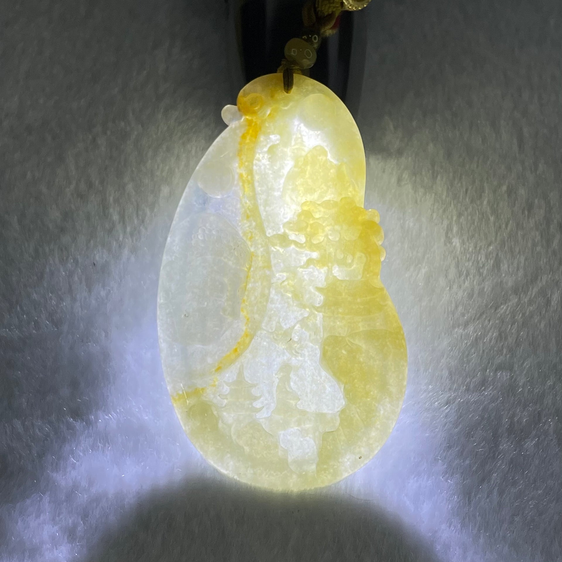 Grandmaster Type A Yellow with Faint Green and Red Jadeite Shan Shui with Buddha Pendant 22.54g 69.8 by 39.7 by 4.8mm - Huangs Jadeite and Jewelry Pte Ltd