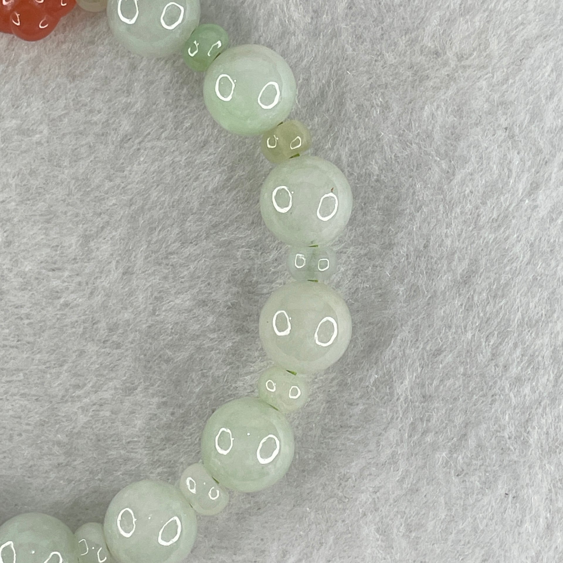 Natural Type A Light Green Jadeite Round Shape Beads with Red Agate Paw Charm Bracelet 29.33g 17cm 10.0mm 14 Beads - Huangs Jadeite and Jewelry Pte Ltd