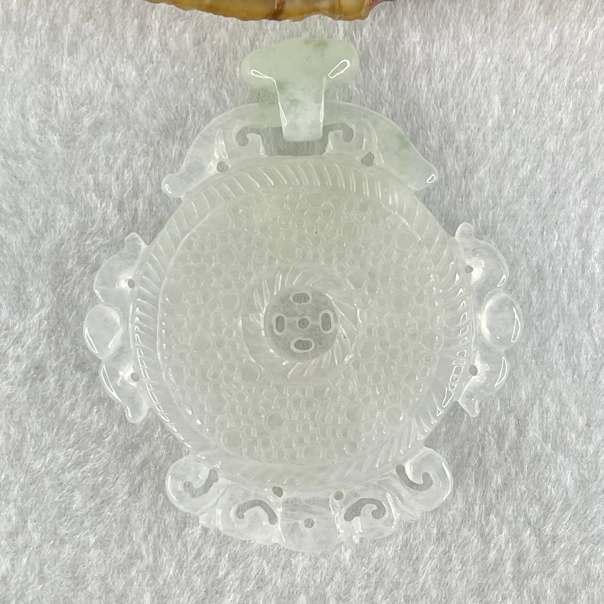 Type A Semi Icy White Jadeite Floral Ping An Kou Donut Pendant 16.76g 45.4 by 43.3 by 5.6mm - Huangs Jadeite and Jewelry Pte Ltd